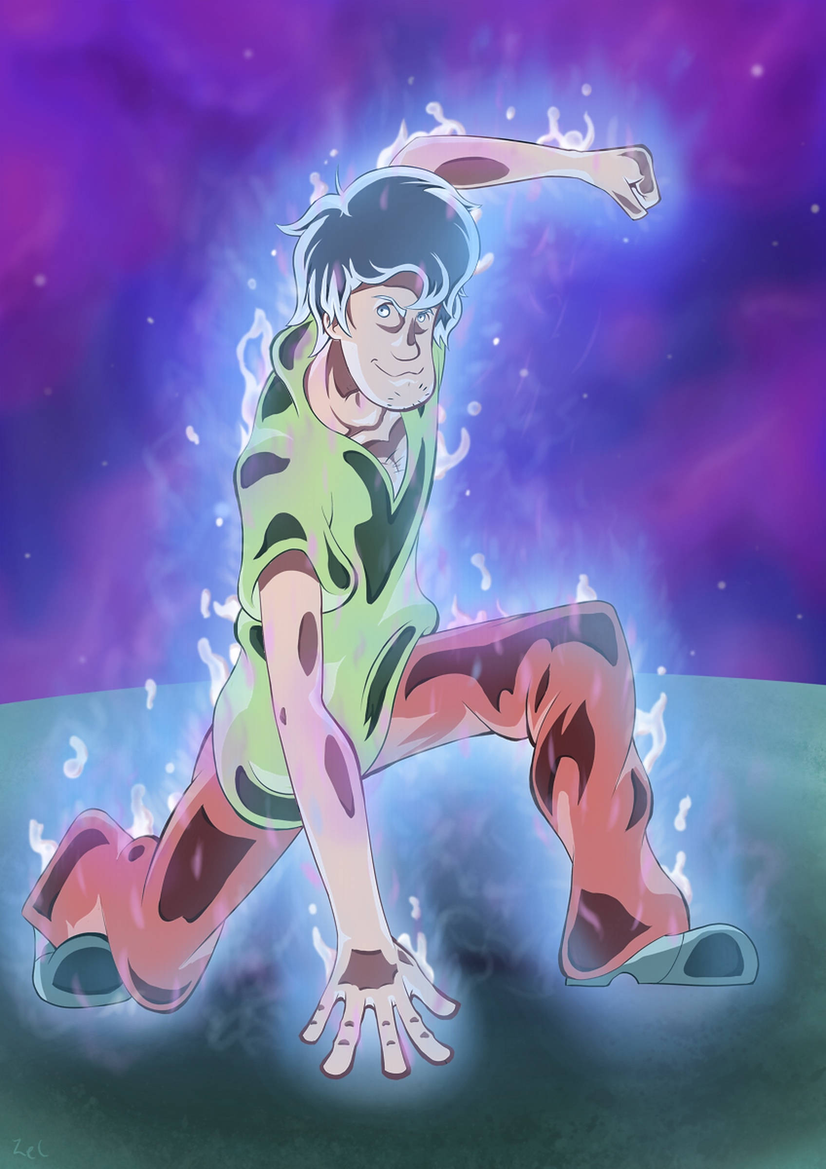 Ultra Instinct Shaggy, green and brown outfit, glowing purple cosmic background, Full HD Phone Wallpaper