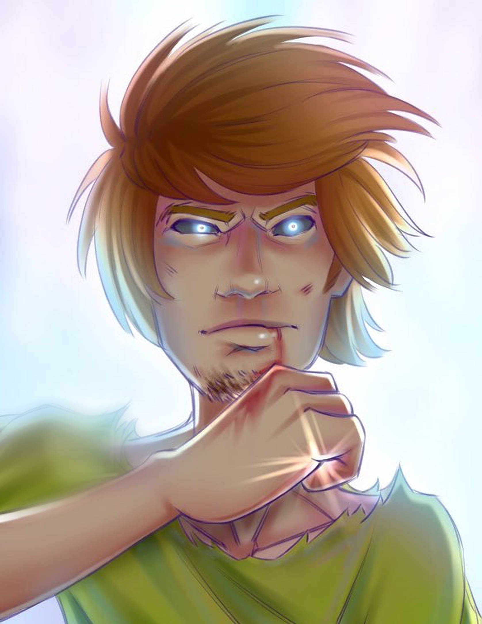 Ultra Instinct Shaggy, glowing blue eyes, messy brown hair, Full HD Phone Wallpaper