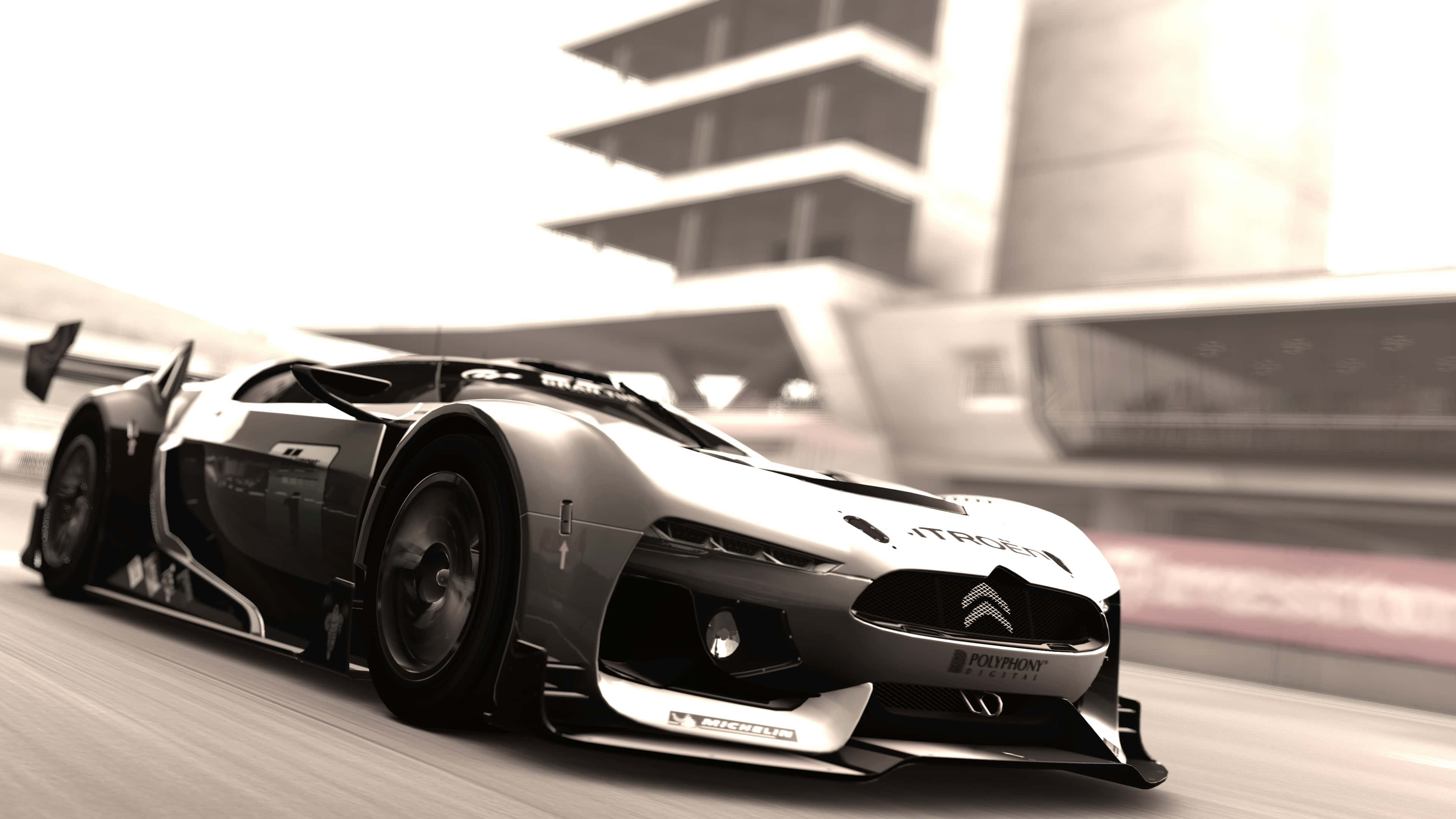 Ultra-Wide 4K Car, futuristic race car, modern urban canyon, 4K Desktop Wallpaper