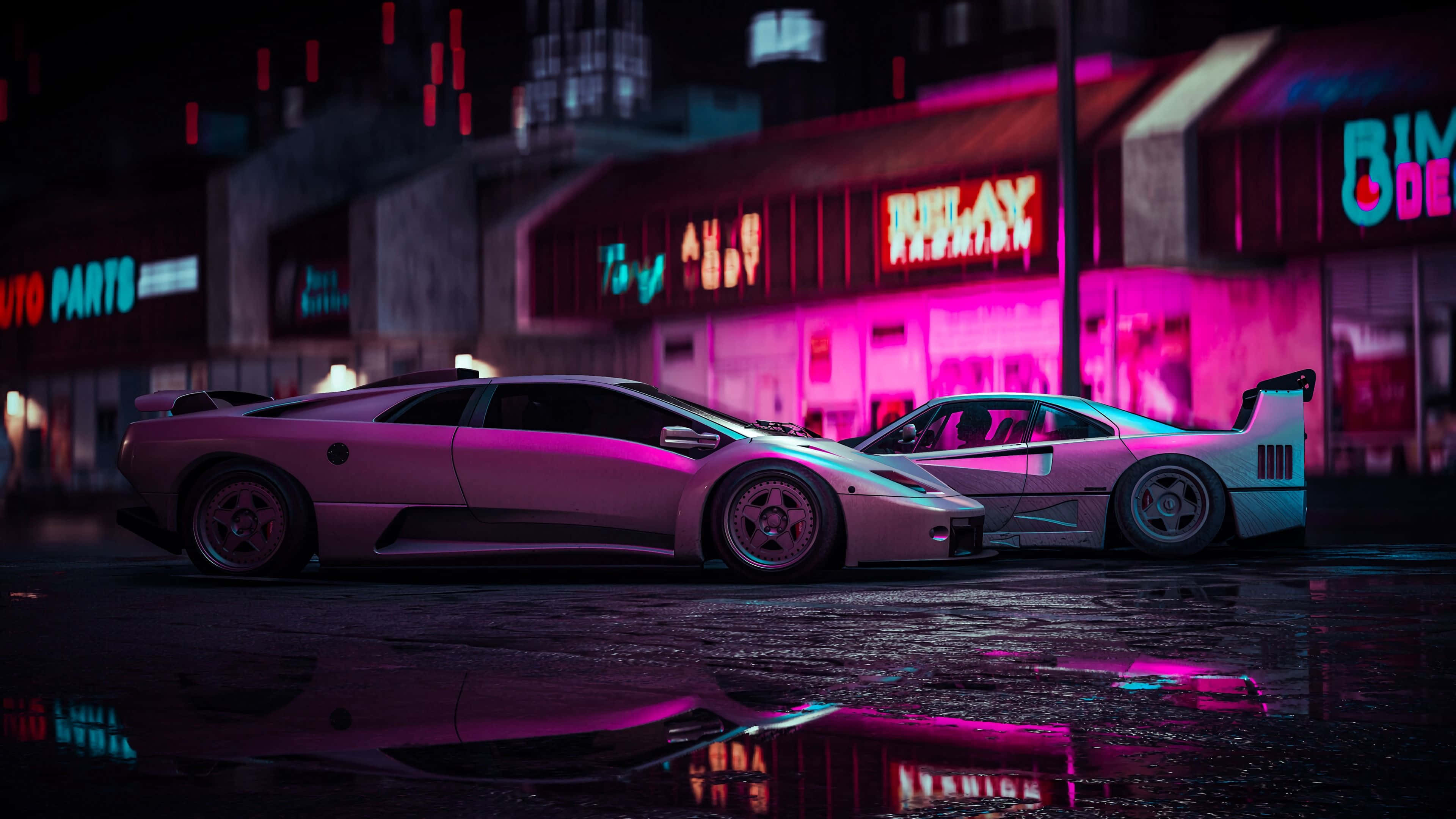 neon lit building, wet city street, vibrant pink and blue hues, 4K Desktop Wallpaper