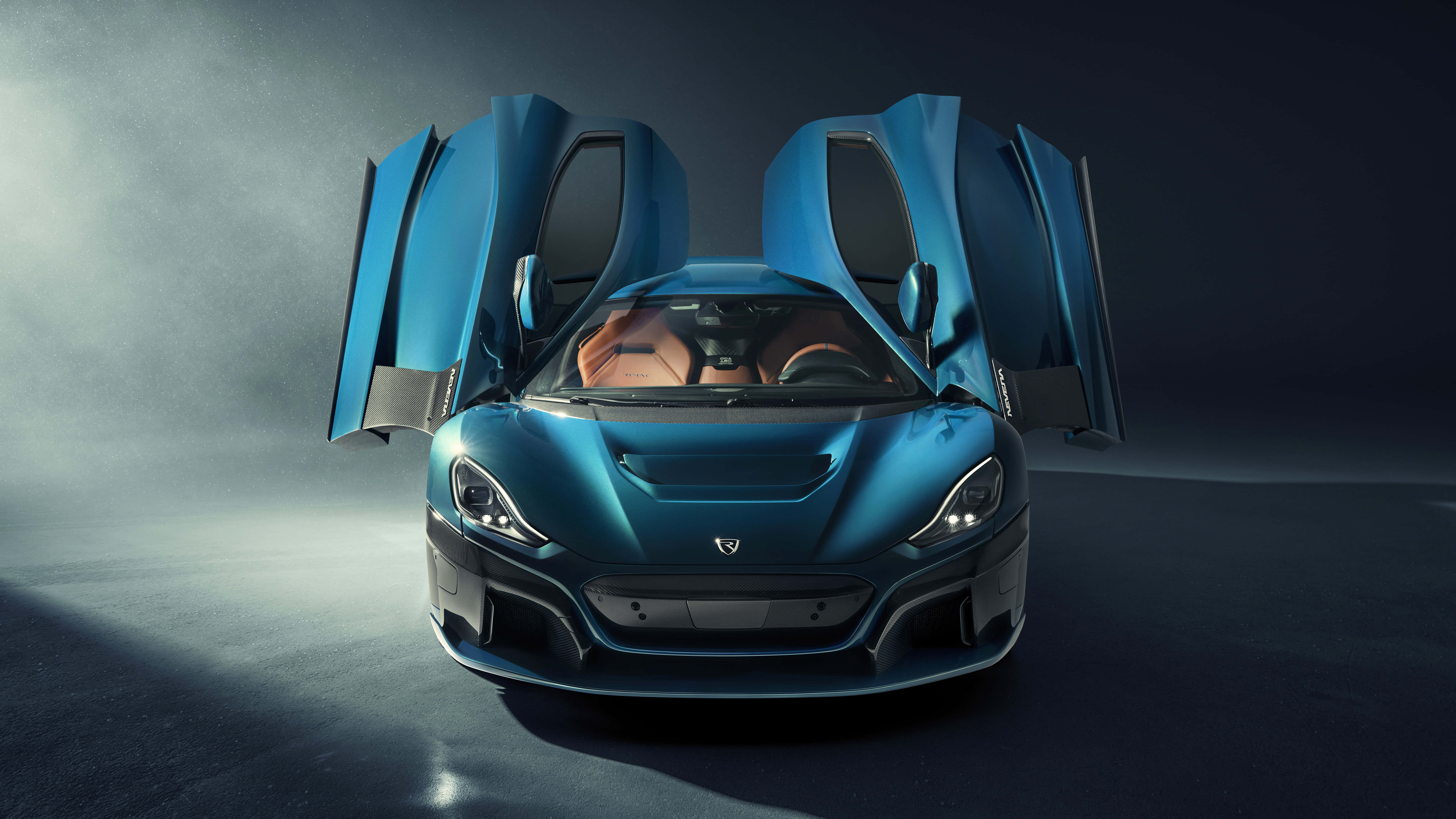 sleek blue sports car, gull-wing doors, dramatic studio lighting, 8K Desktop Wallpaper