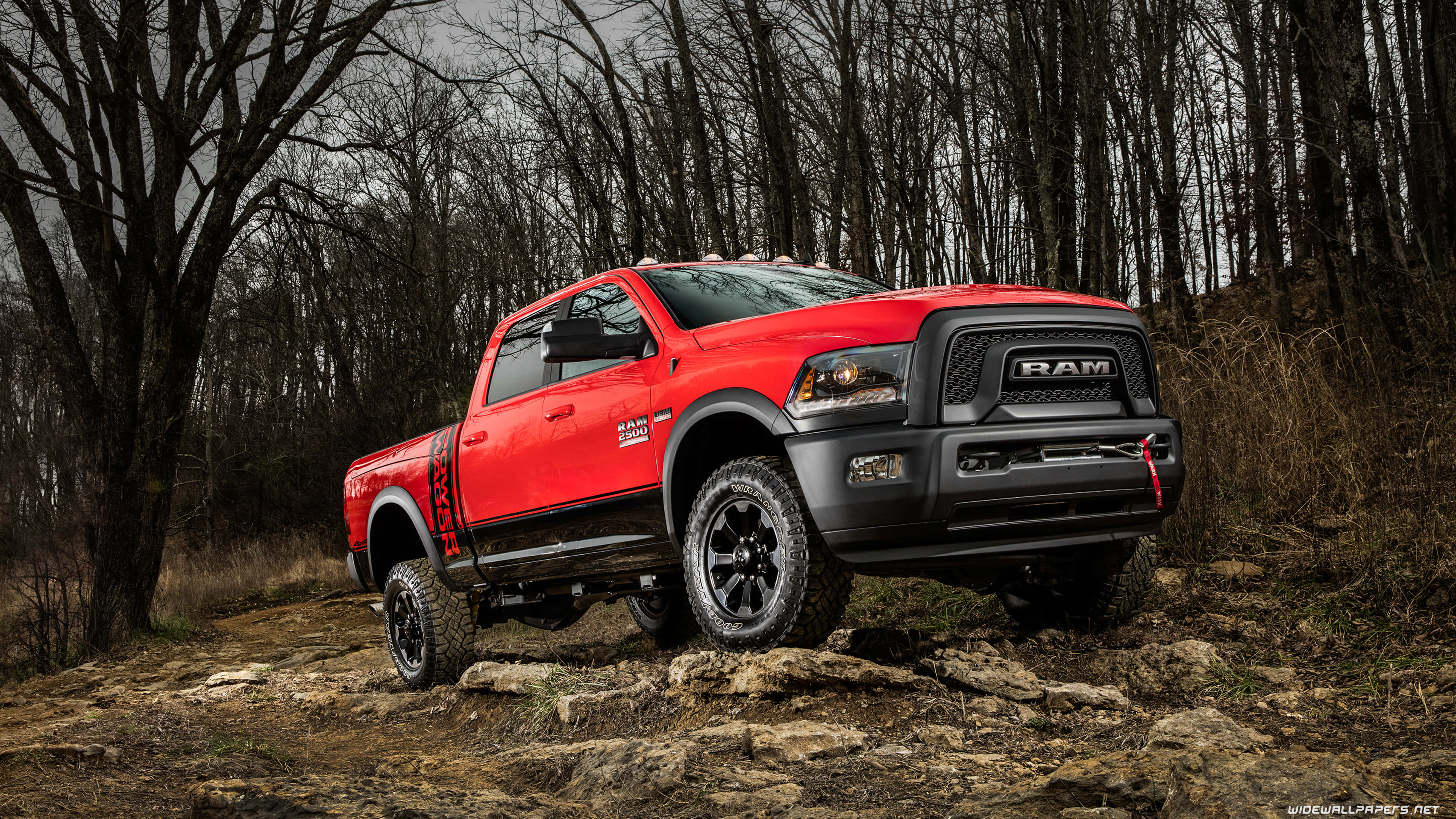 red Ram truck, black accents, rocky forest trail, 4K Desktop Wallpaper
