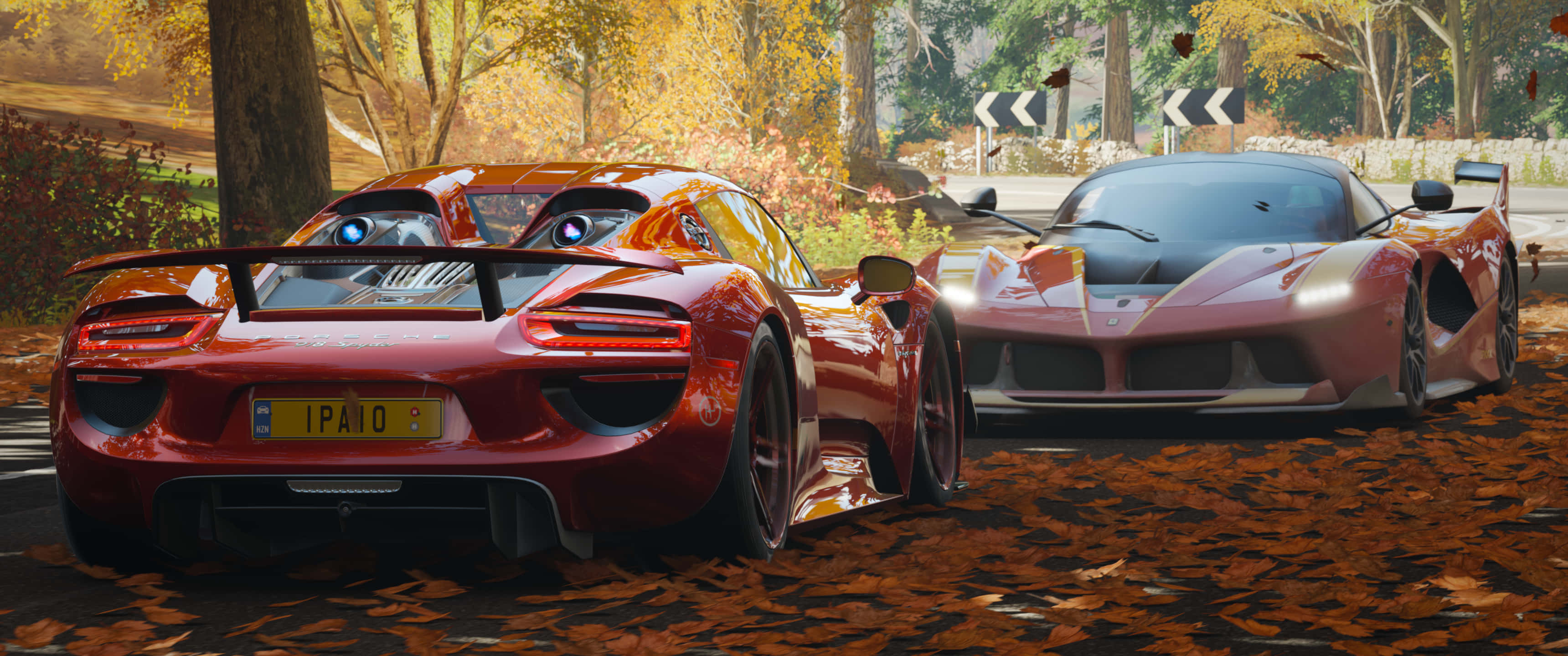 Ultra Wide 4K Car, forest road, golden autumn leaves, 2K Desktop Wallpaper