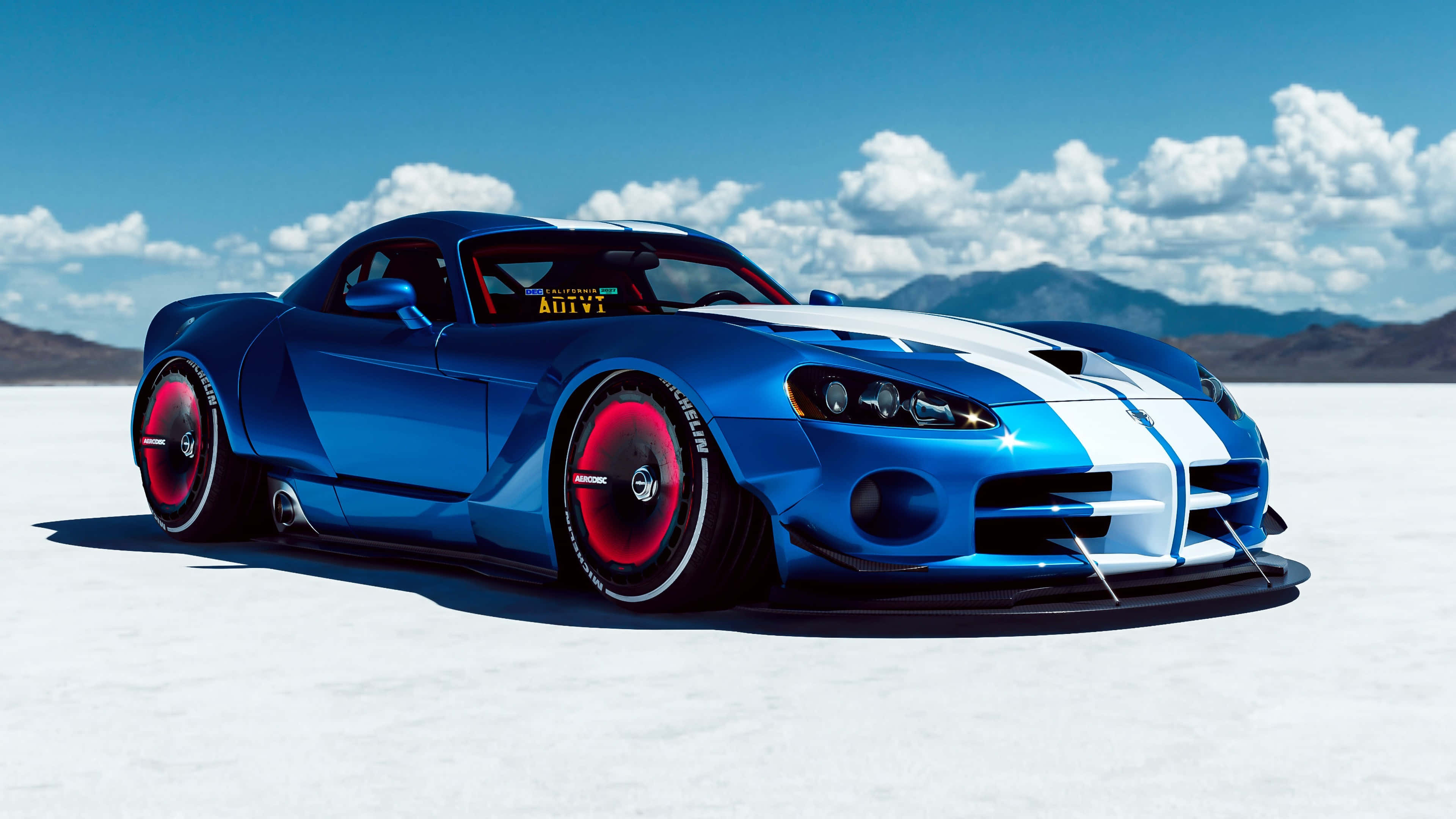 blue sports car, red rims, white stripes, 4K Desktop Wallpaper