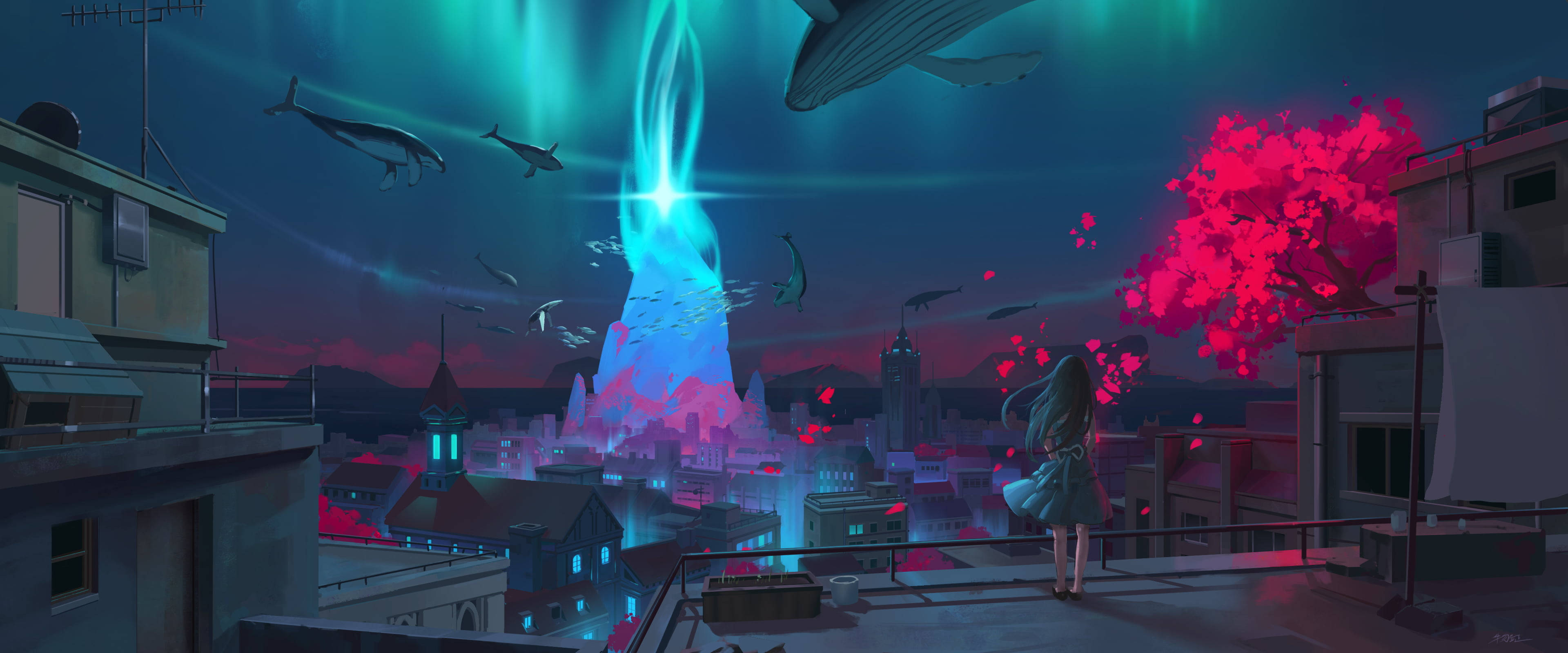 glowing blue tower, surreal sky, whales, 4K Desktop Wallpaper