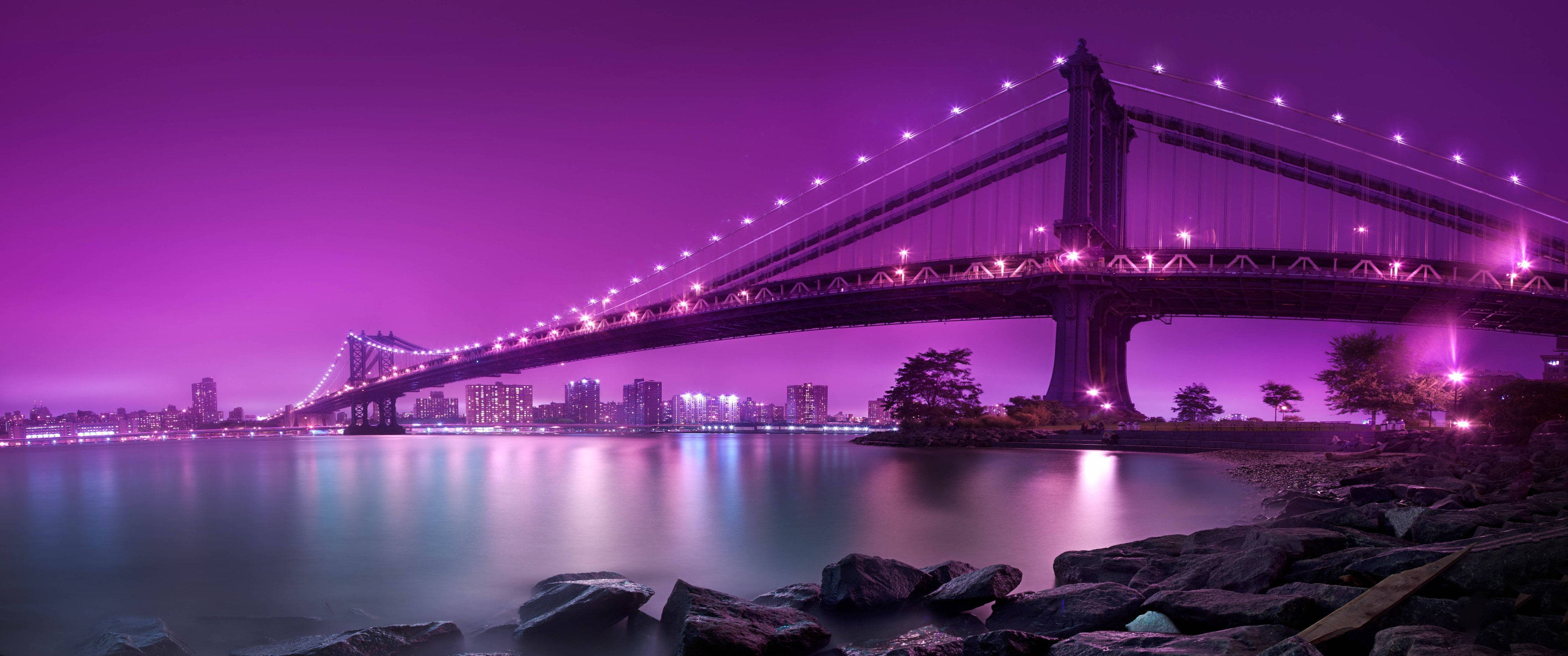 Ultra Wide 4K, purple illuminated bridge, night, 2K Desktop Wallpaper