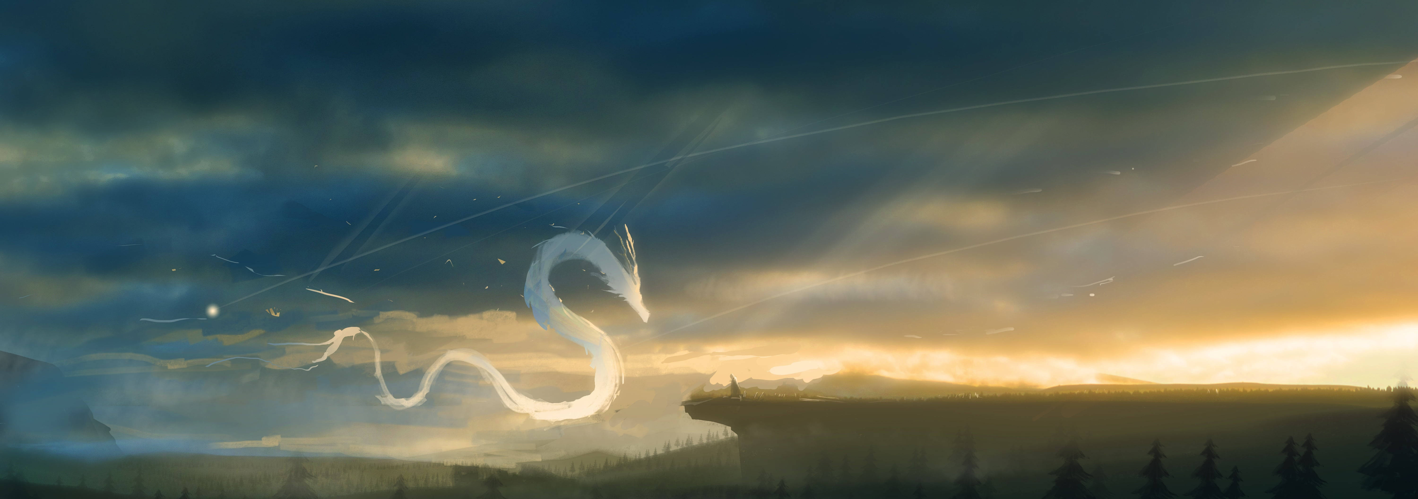 Ultra Wide 4K, white dragon, twilight sky, 5K Desktop Wallpaper