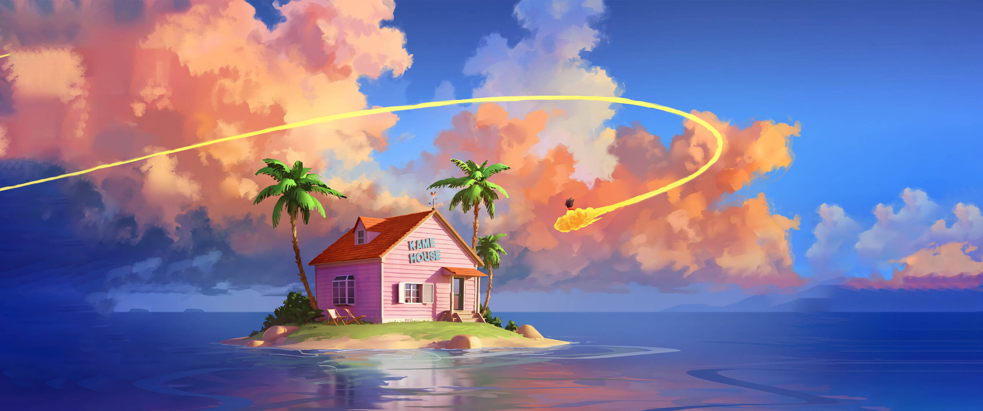 pink house, tropical island, vibrant sunset sky, 2K Desktop Wallpaper