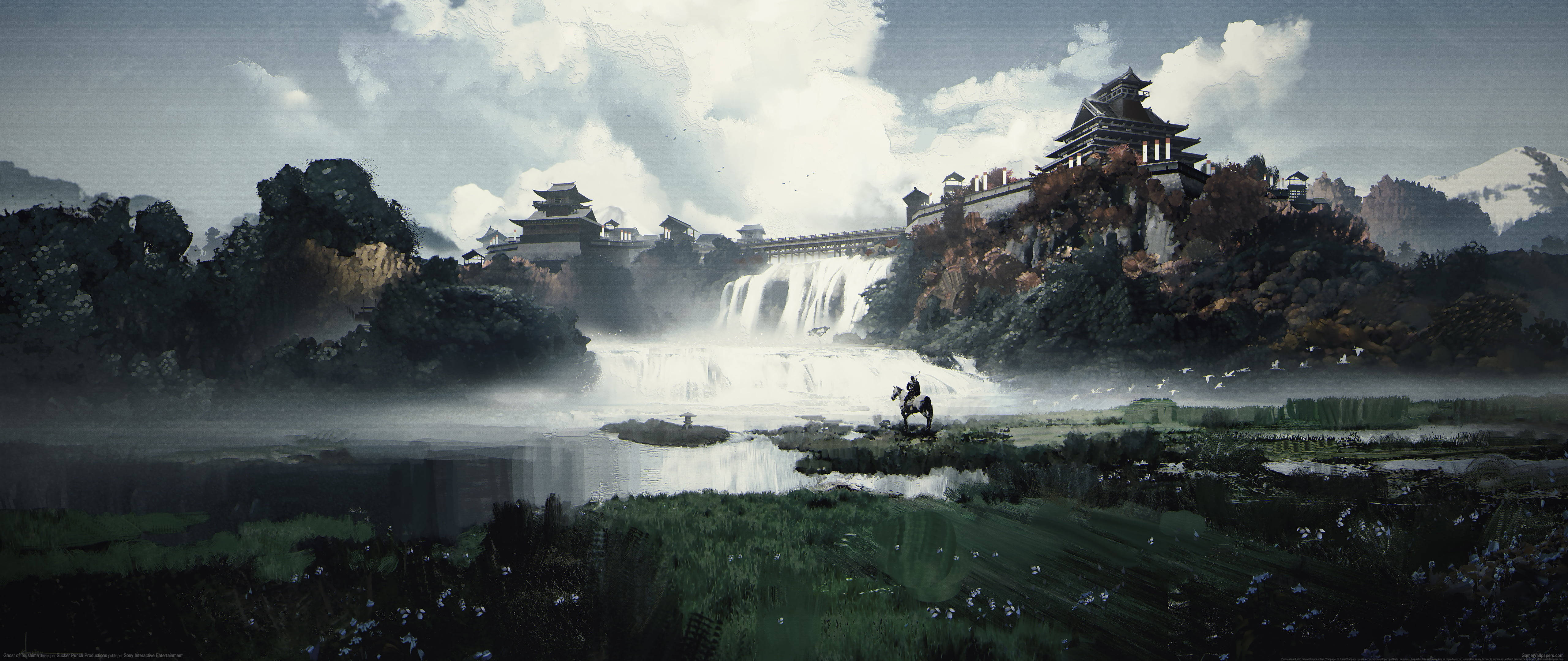 Ultra Wide 4K, waterfall, ancient oriental architecture, 5K Desktop Wallpaper