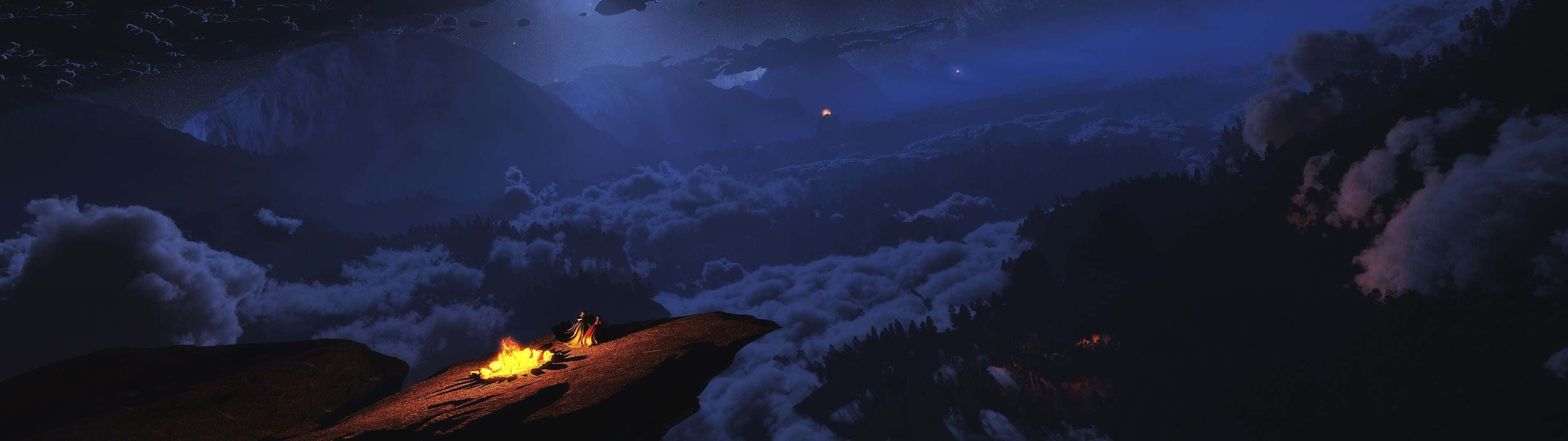 campfire, mountain ridge, sea of clouds, 4K Desktop Wallpaper