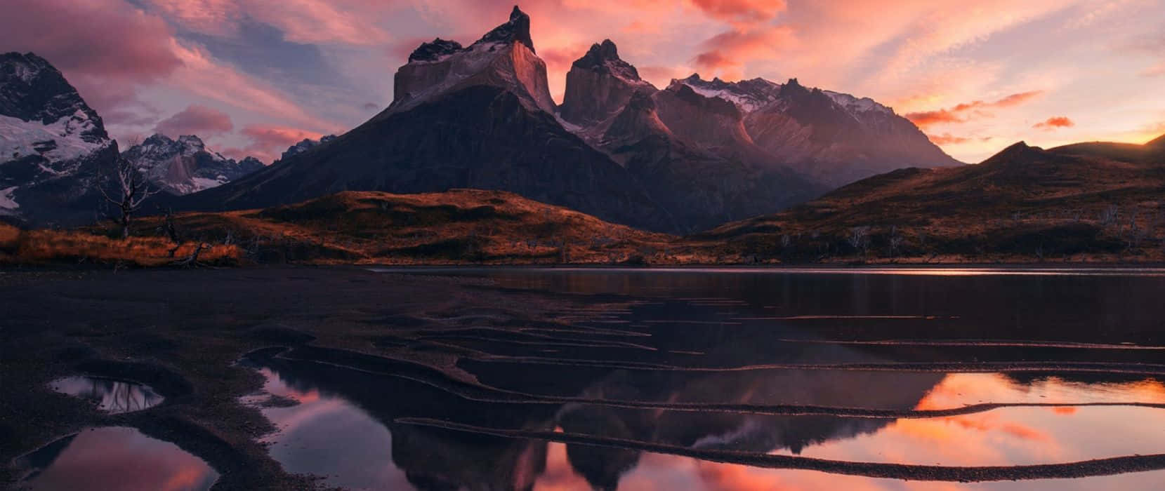 mountain range, lake, sunset, HD Desktop Wallpaper