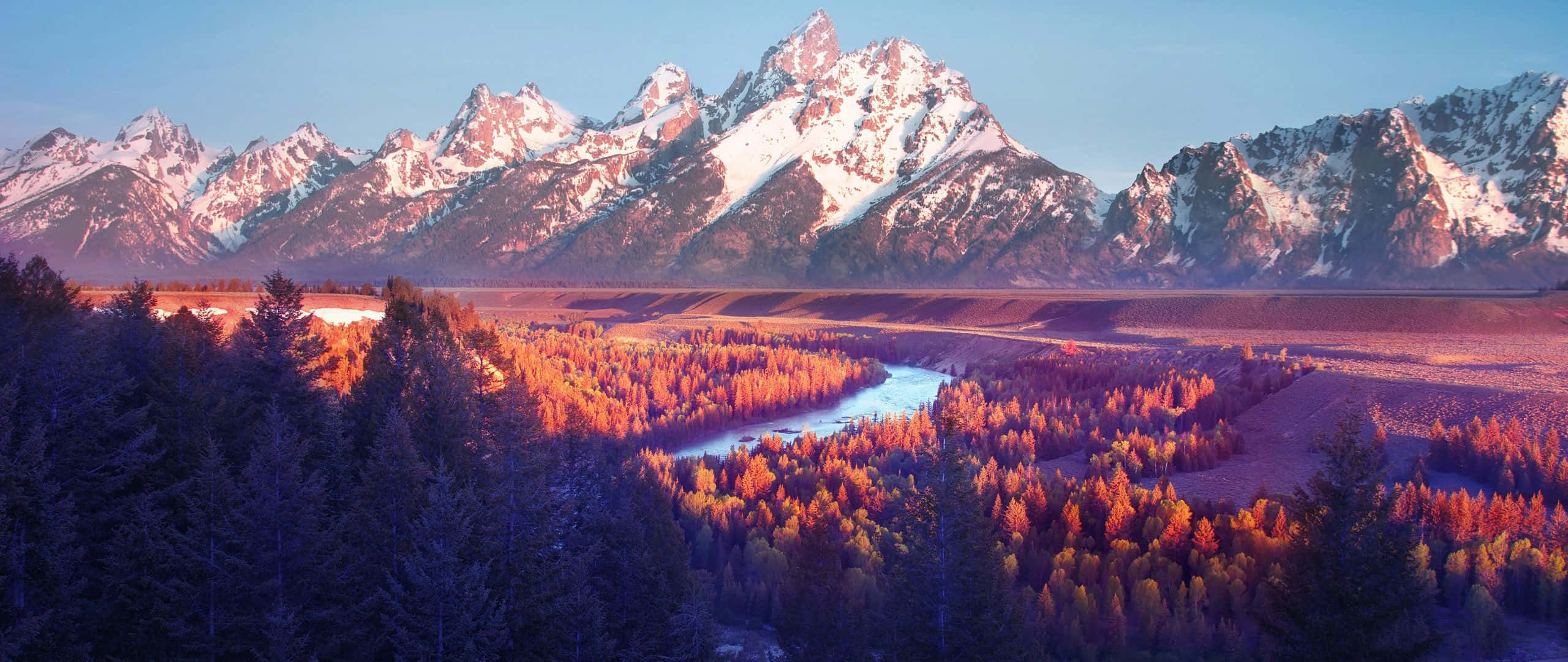 snowcapped mountain range, winding river, autumn forests, 2K Desktop Wallpaper