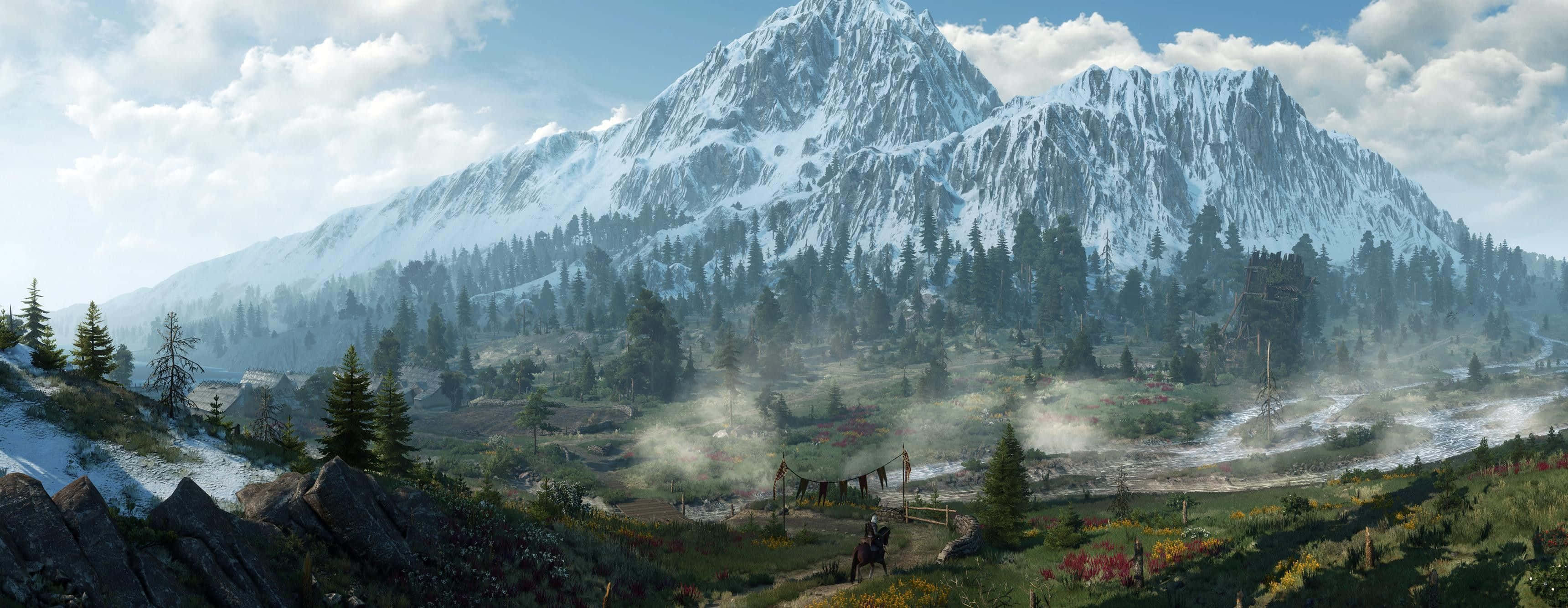snow-capped mountain range, misty valley, evergreen forests, 2K Desktop Wallpaper