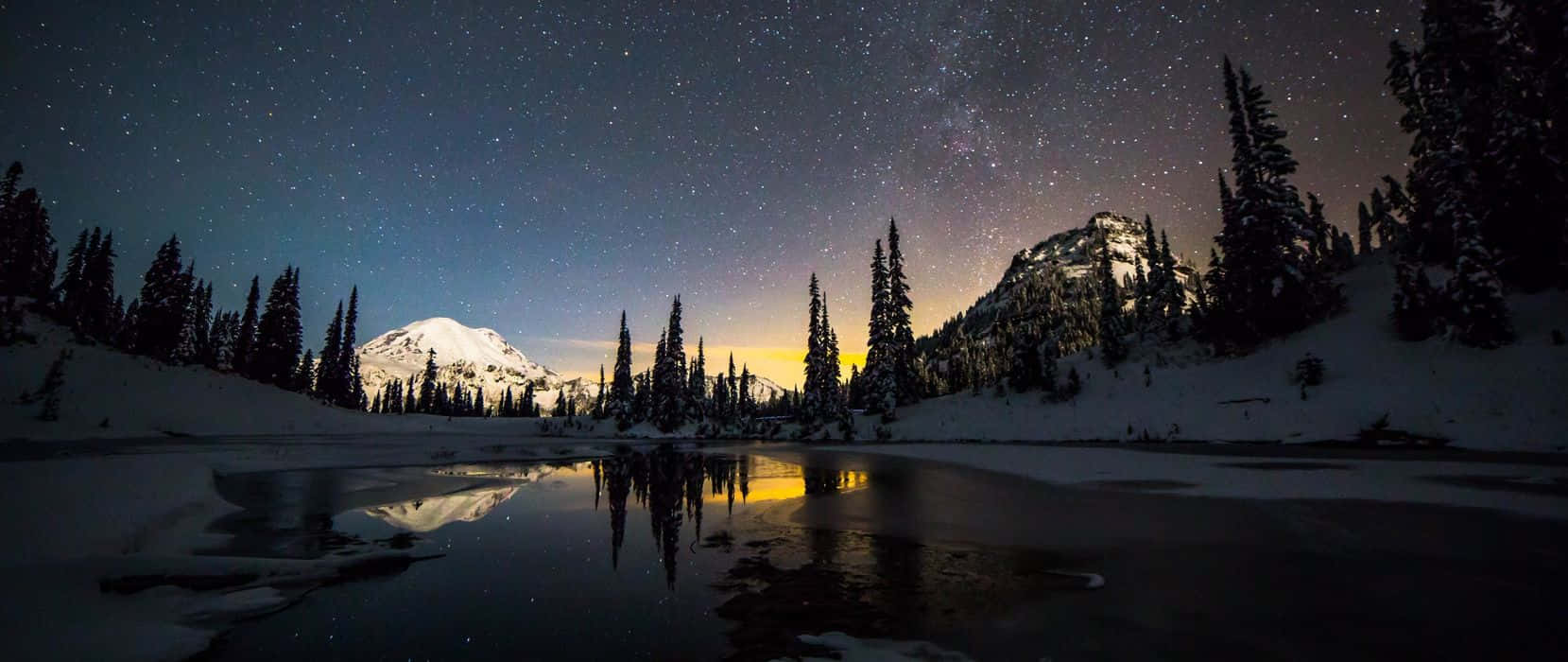 starry night sky, frozen lake, snow-covered pine trees, HD Desktop Wallpaper