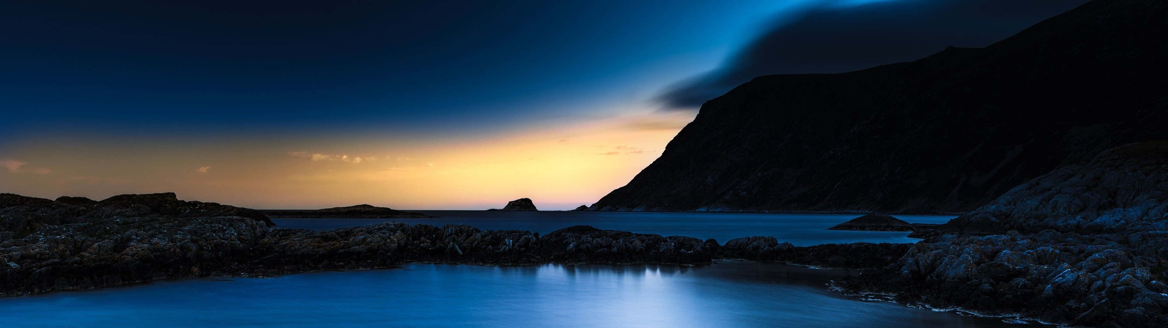 Ultra Wide Nature, twilight seascape, deep blue water, 4K Desktop Wallpaper