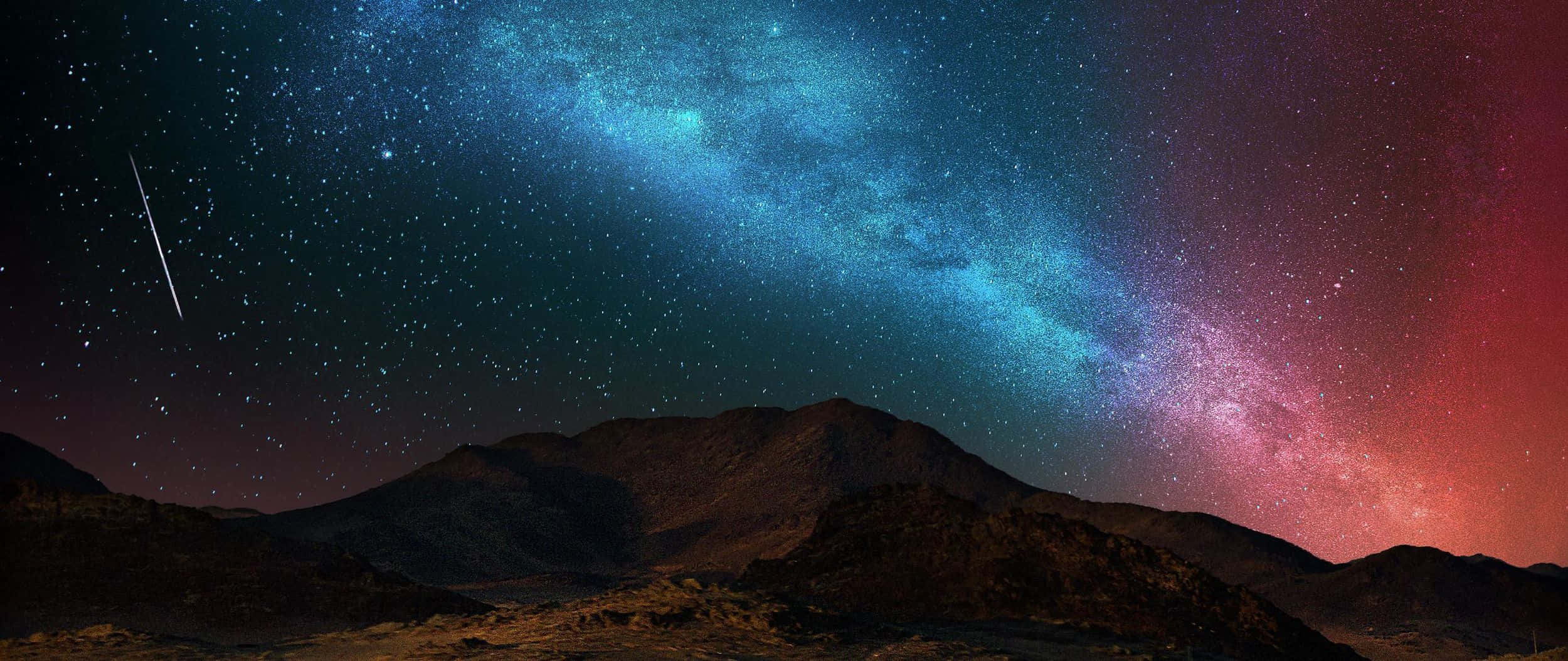 mountain range, cosmic sky, blue pink and purple nebulae, Full HD Desktop Wallpaper
