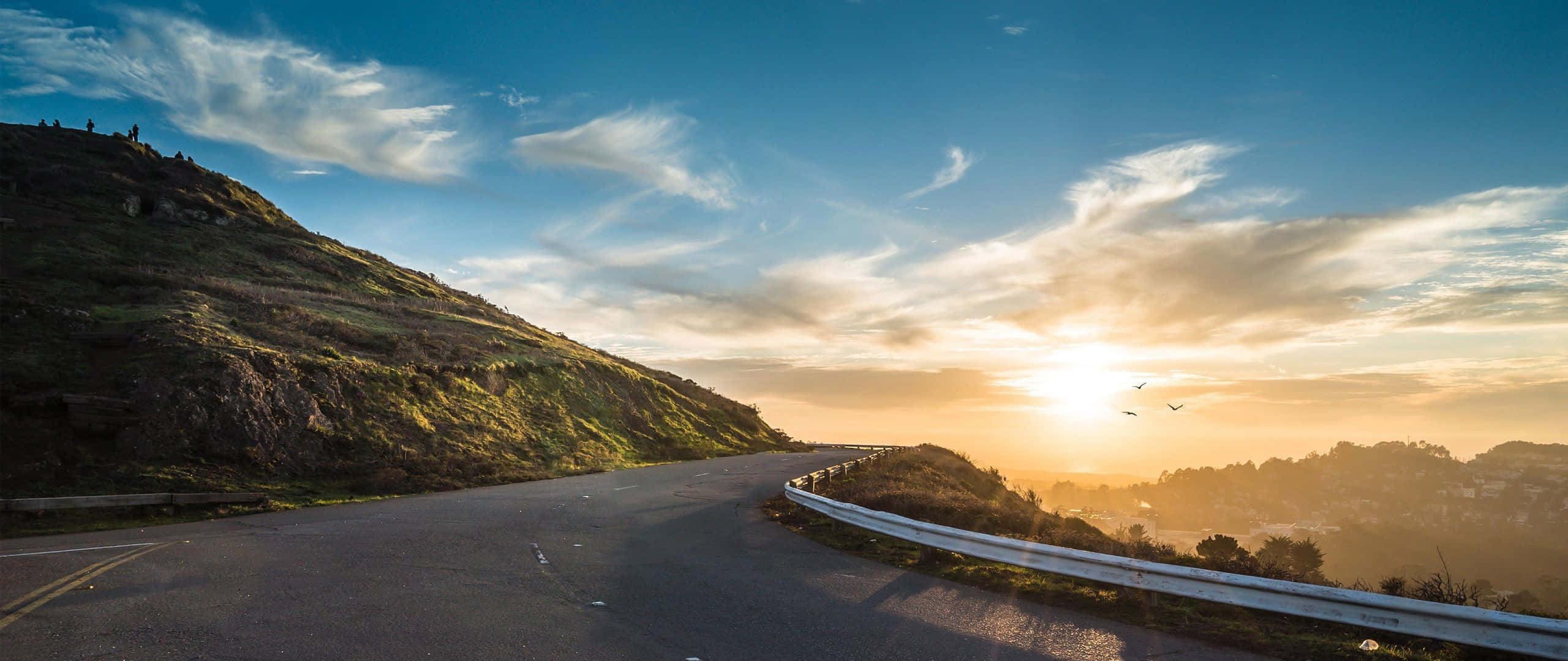 Ultra Wide Nature, mountain road, glowing sunset, 2K Desktop Wallpaper