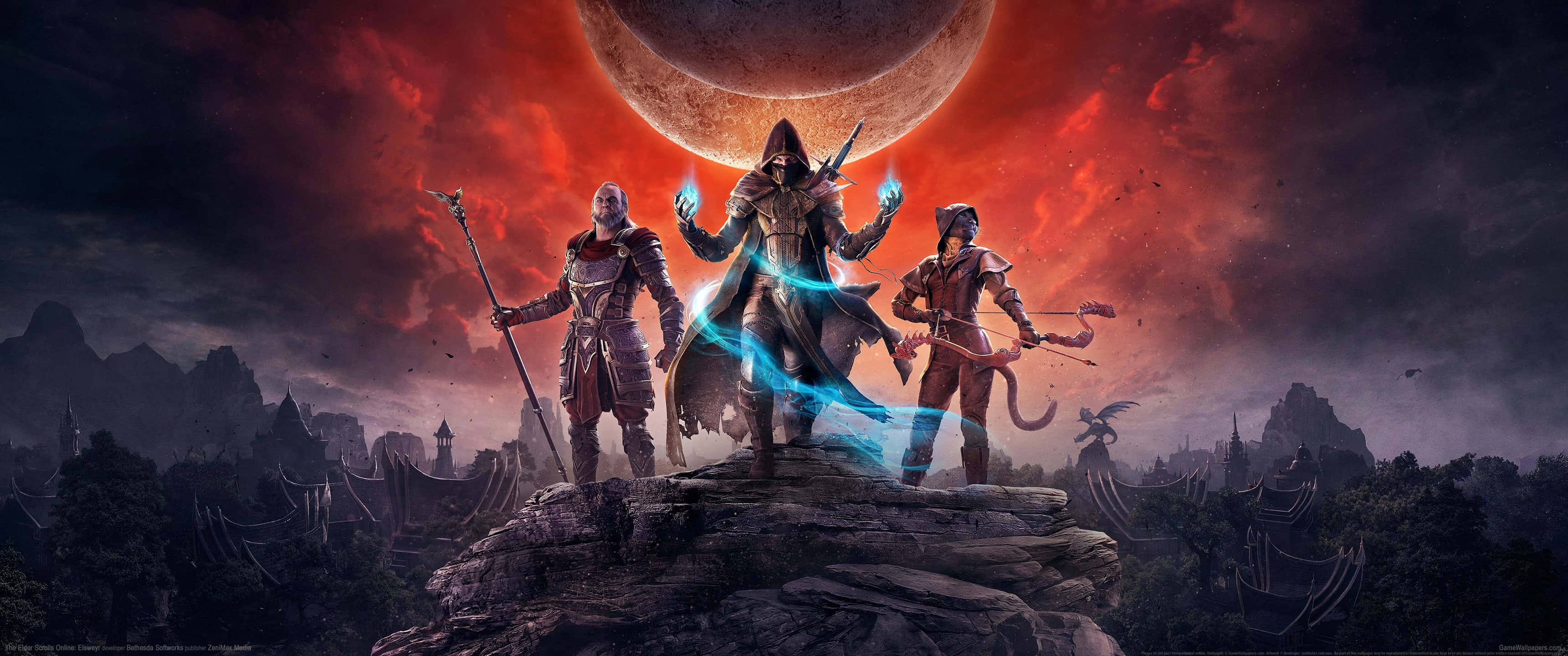 fantasy warriors, rocky peak, massive red moon, 2K Desktop Wallpaper