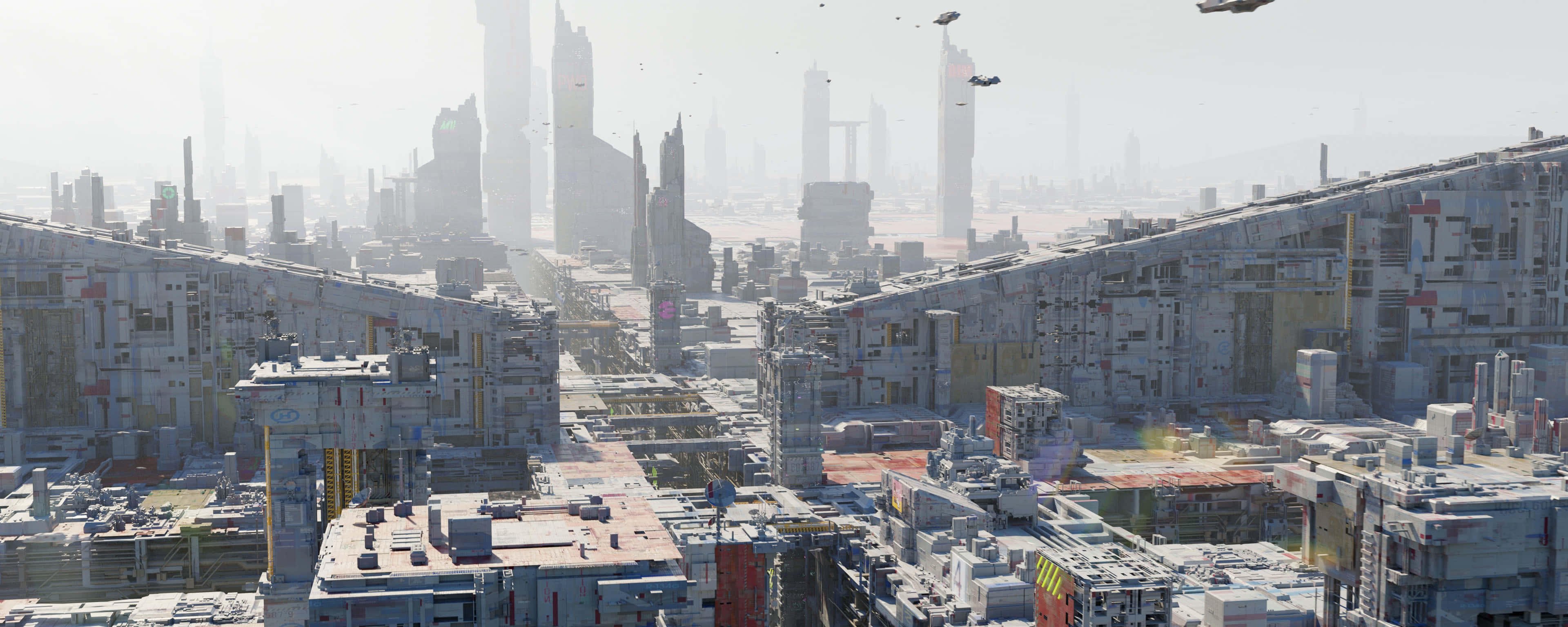 futuristic cityscape, towering skyscrapers, flying vehicles, 4K Desktop Wallpaper