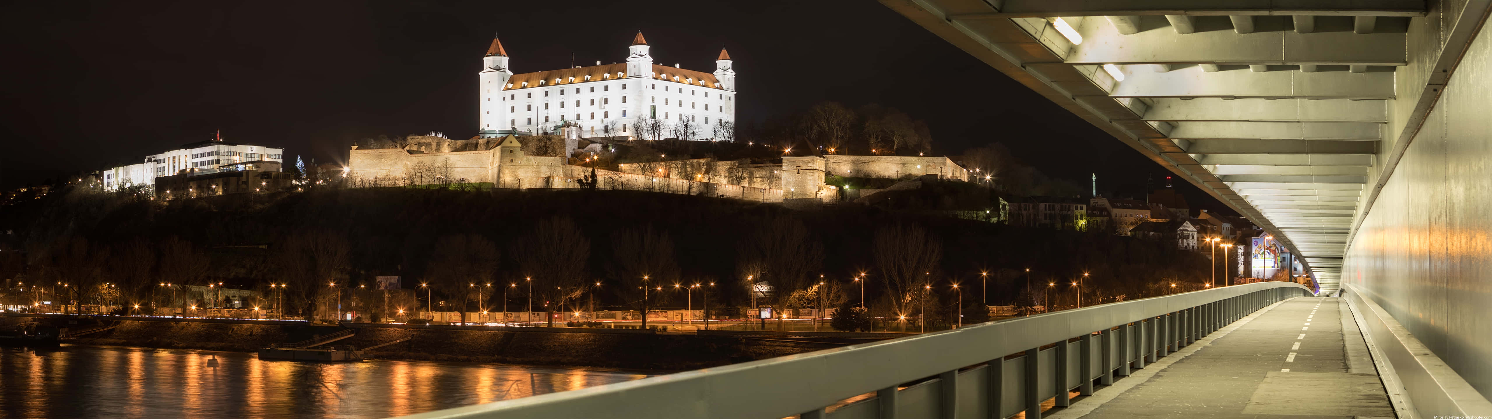 modern bridge, brightly lit castle, river, 5K Desktop Wallpaper