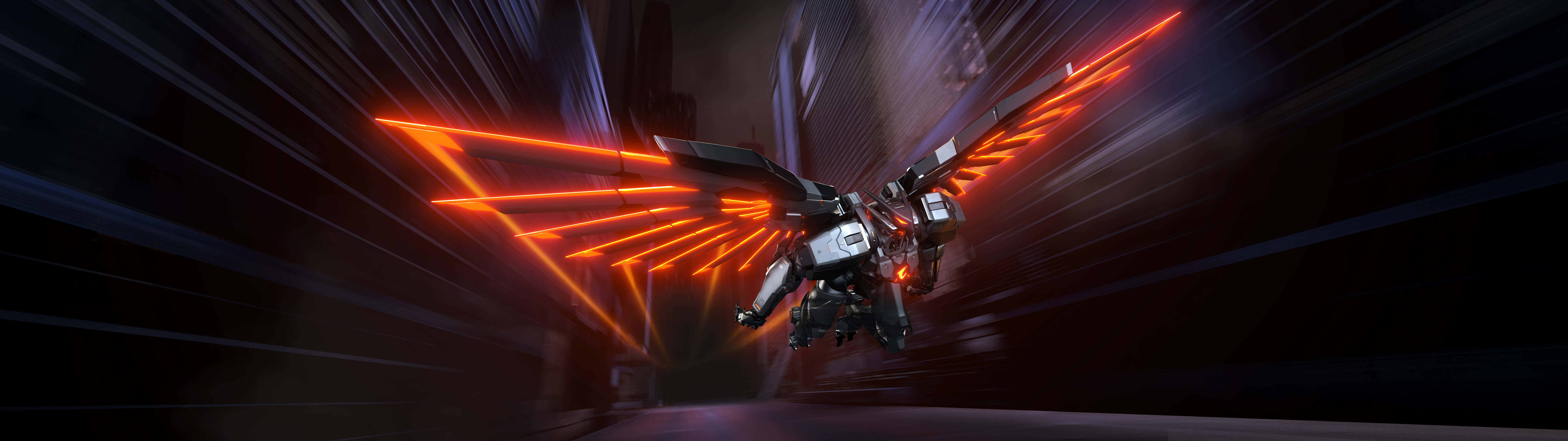 futuristic mech, glowing orange wings, dark urban canyon, 8K Desktop Wallpaper