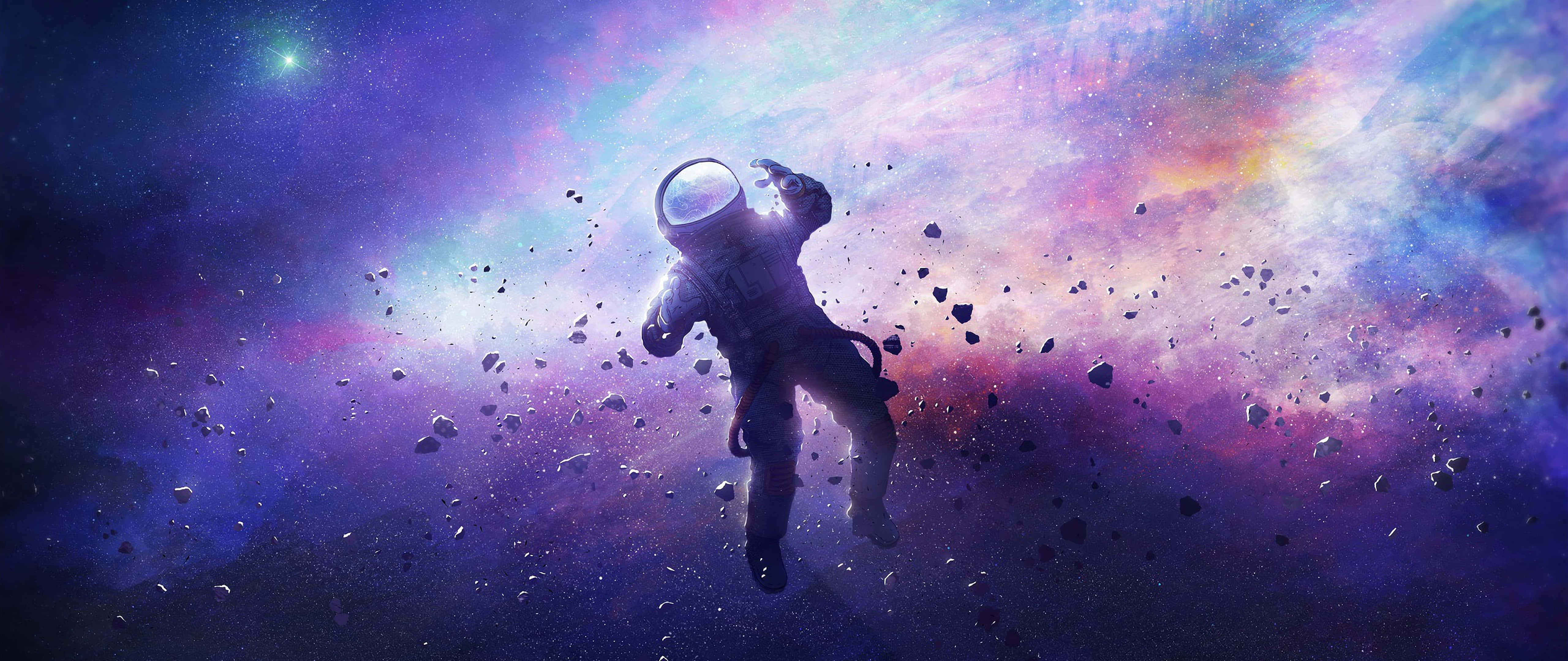 astronaut, floating rocks, cosmic nebula, 5K Desktop Wallpaper