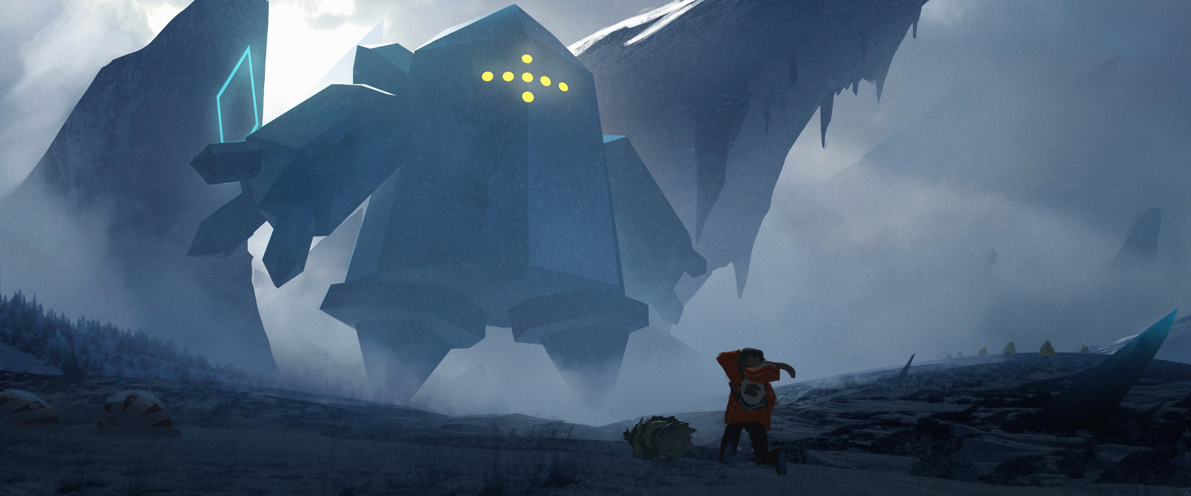 orange adventurer, colossal glowing blue mechanical creature, misty mountainous wasteland, 4K Desktop Wallpaper