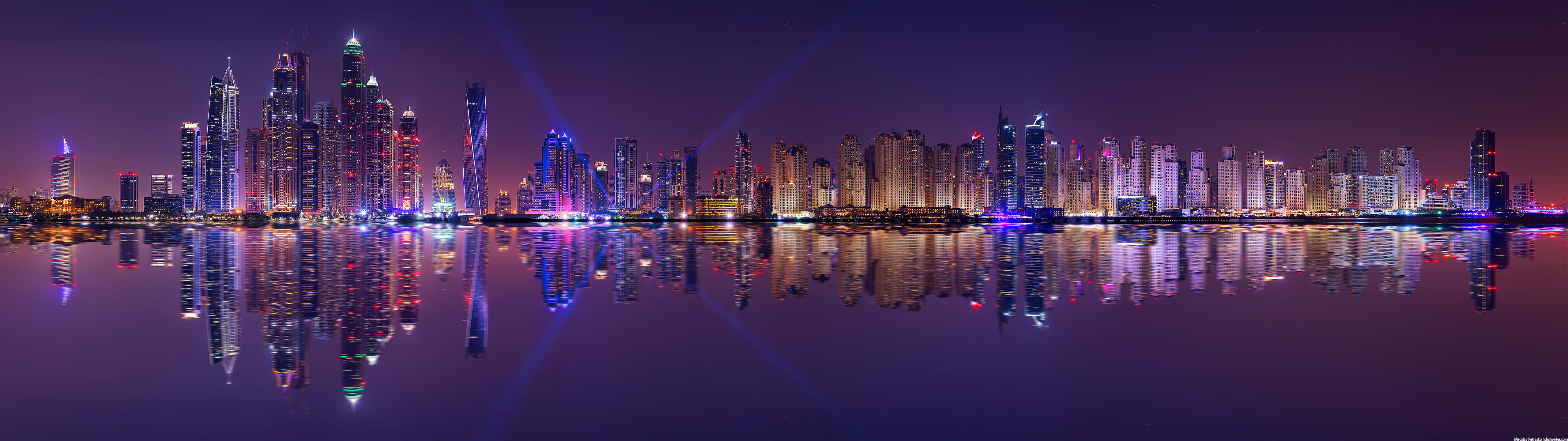 futuristic city skyline, glowing skyscrapers, calm water, 5K Desktop Wallpaper