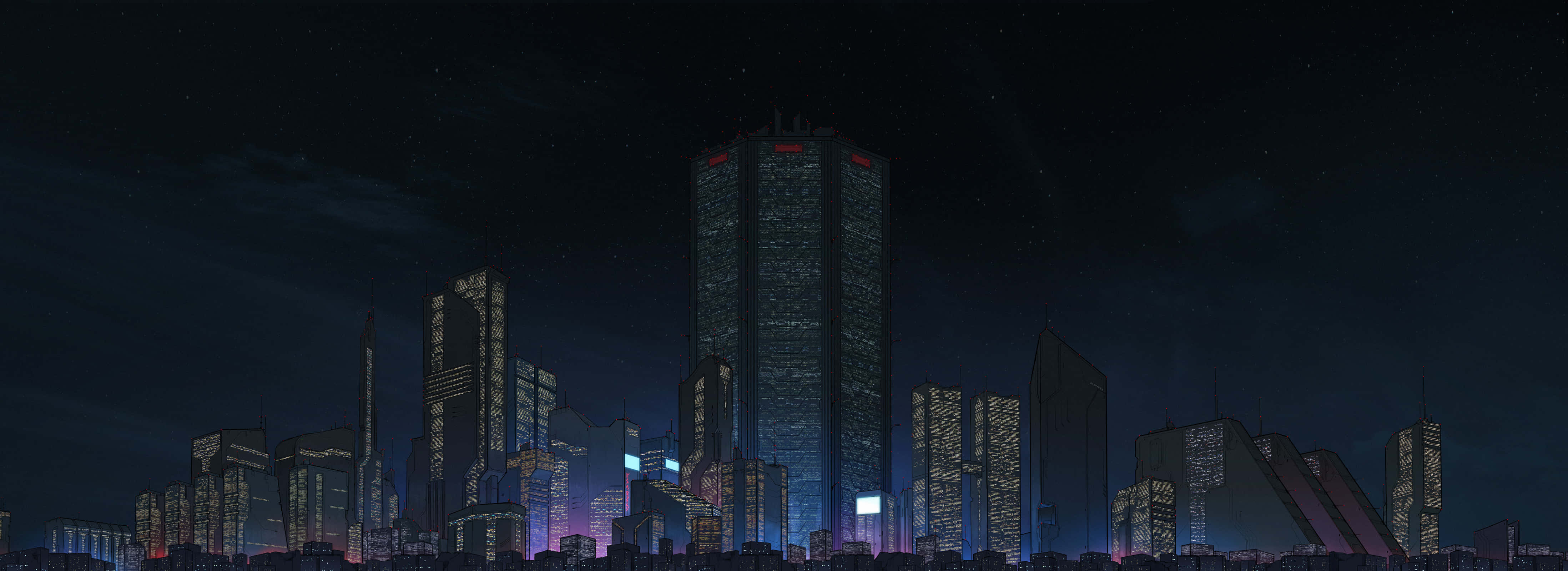 futuristic city skyline, towering skyscrapers, neon lights, 4K Desktop Wallpaper
