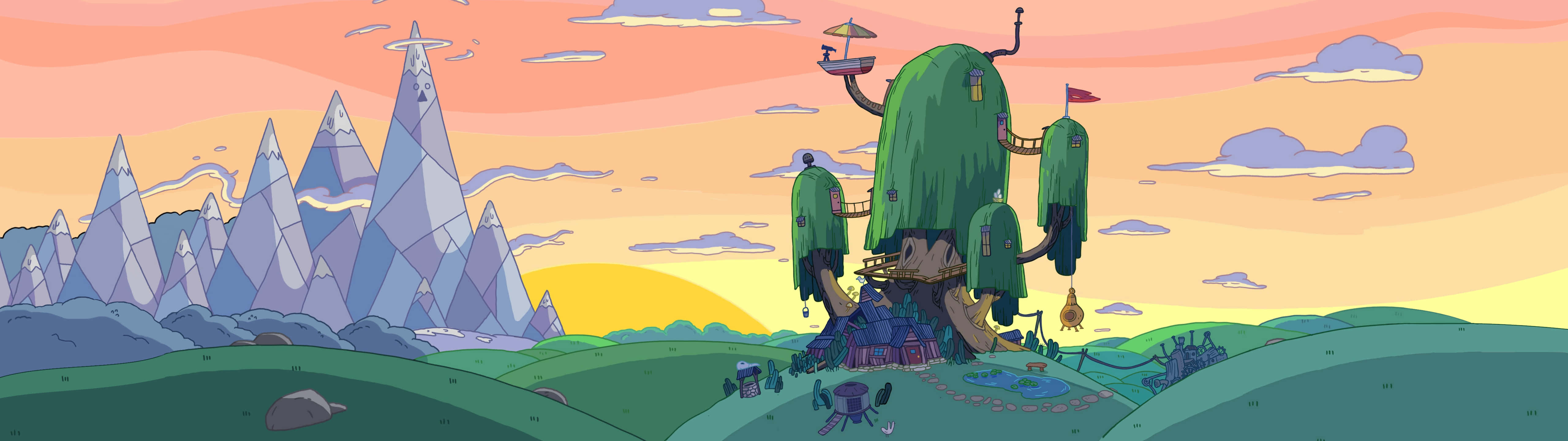 treehouse village, hill, sunset, 5K Desktop Wallpaper