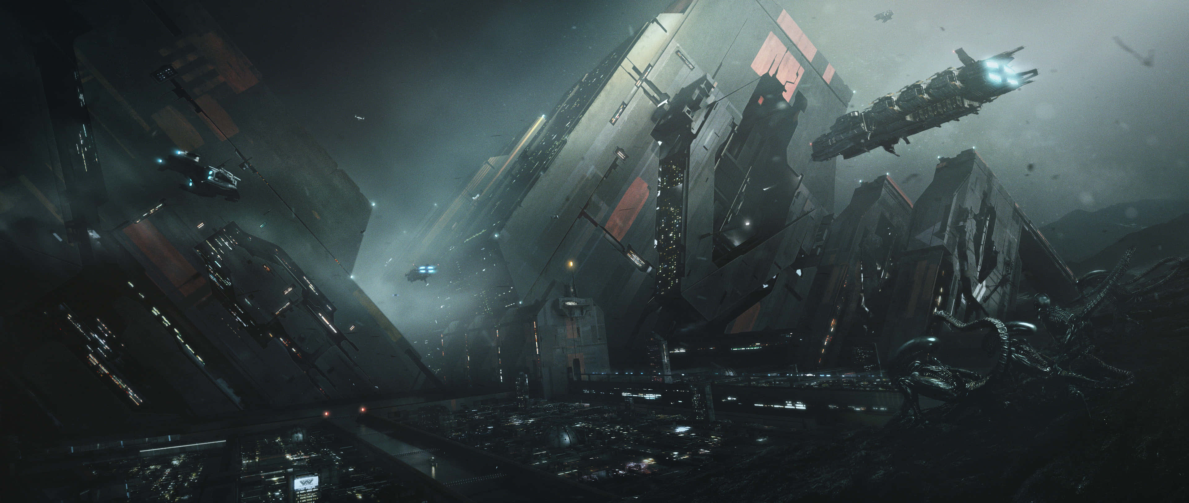 futuristic city, towering skyscrapers, flying spacecraft, 4K Desktop Wallpaper