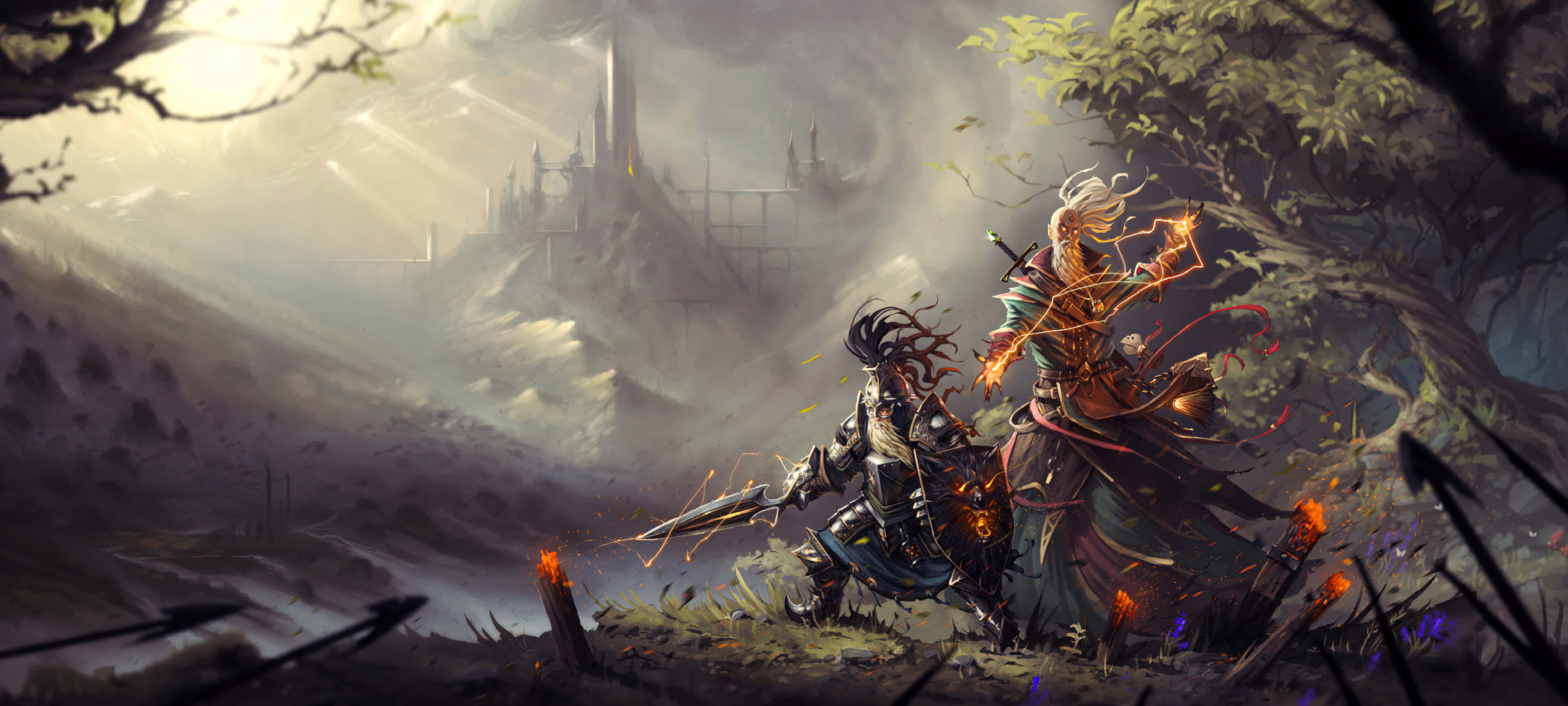fantasy warriors, misty forest, distant castle, 4K Desktop Wallpaper