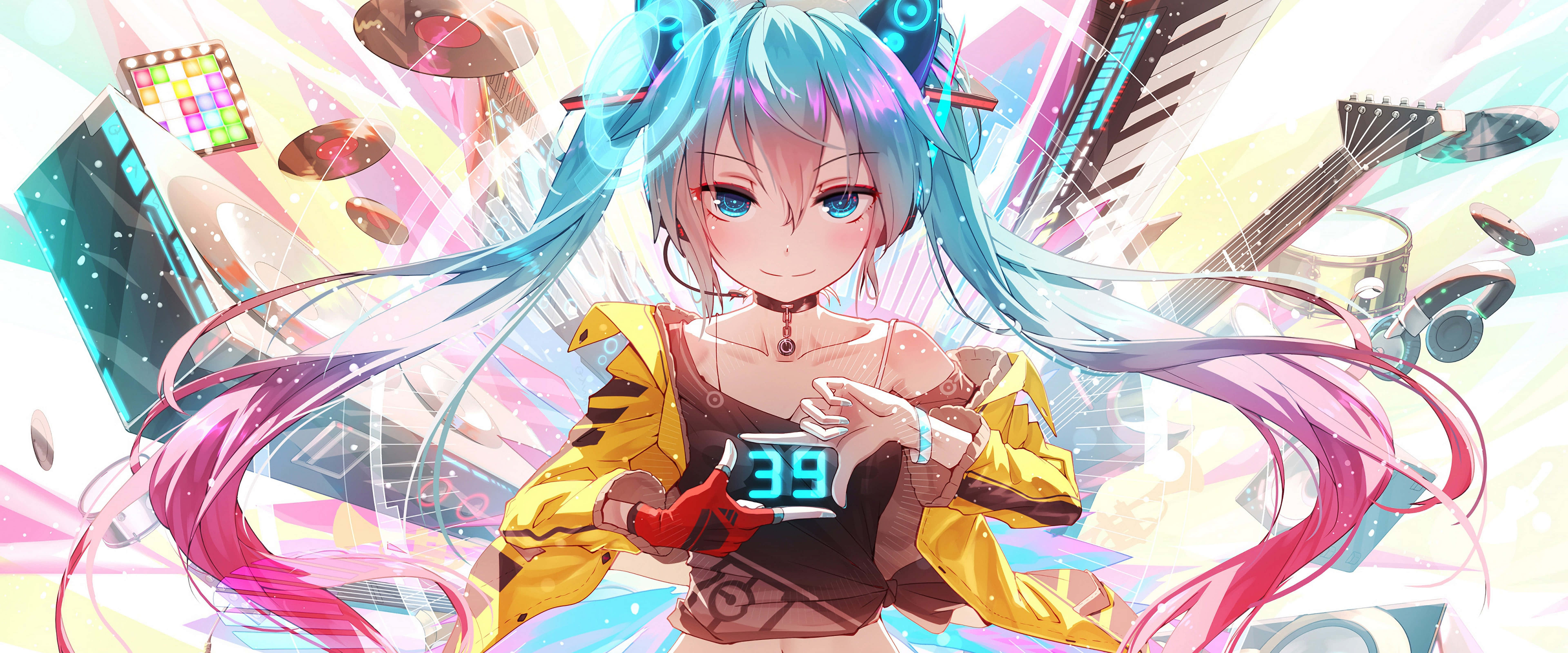blue and pink hair, glowing 39 timer, floating musical instruments, 8K Desktop Wallpaper