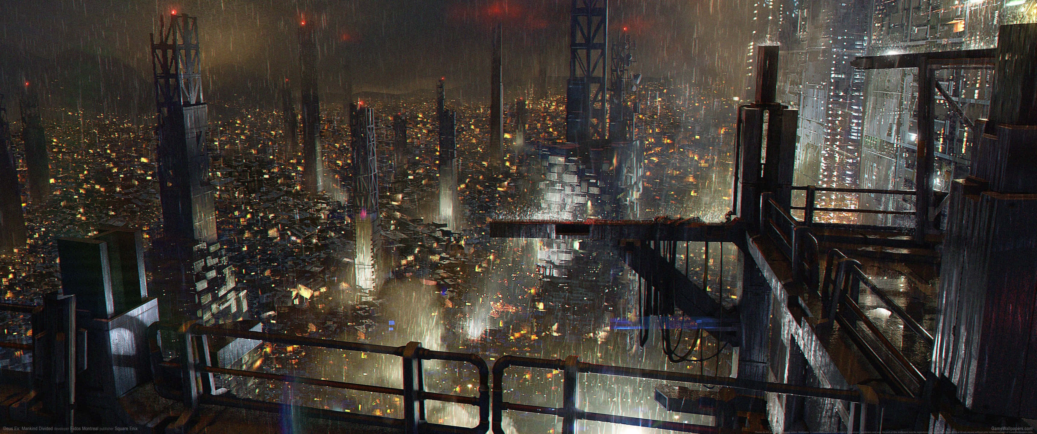 futuristic cityscape, towering skyscrapers, glowing lights, 2K Desktop Wallpaper
