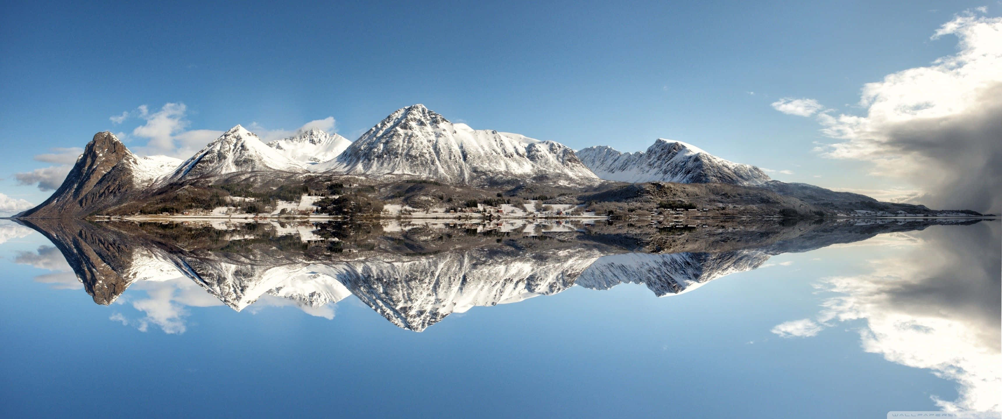 Snowcapped mountains, glassy lake, clear blue sky, 2K Desktop Wallpaper