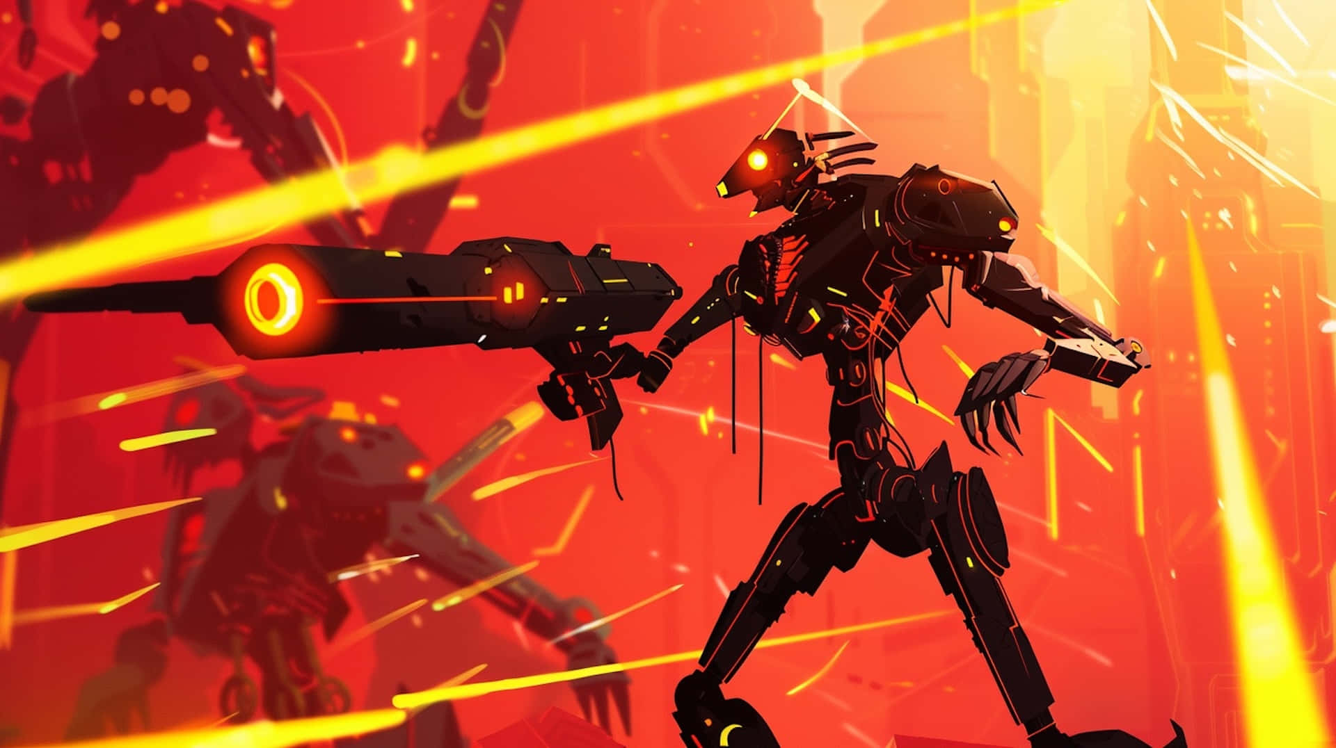 Ultrakill, black armored robot, glowing yellow weapon, Full HD Desktop Wallpaper