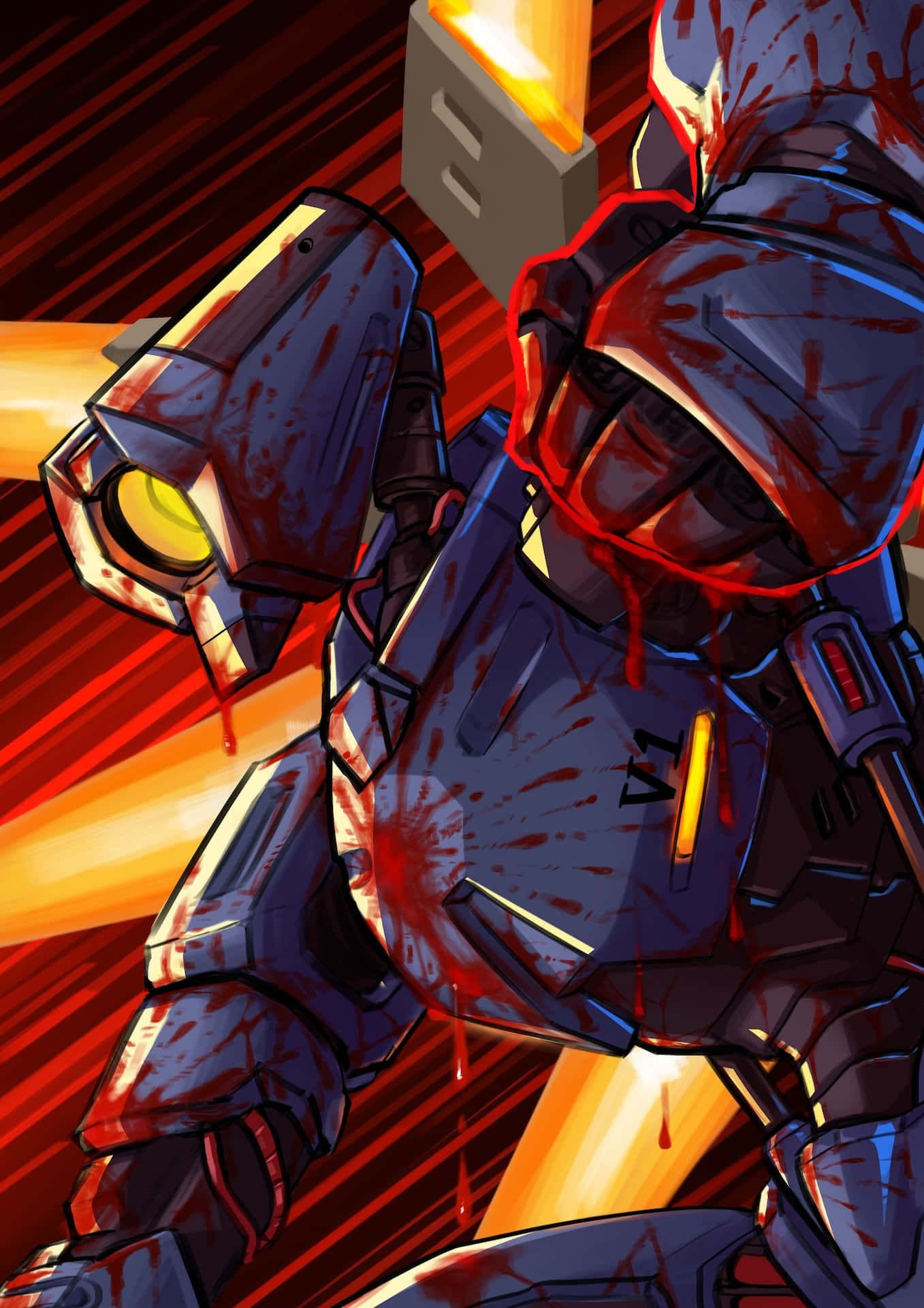 Ultrakill, blood-splattered armored robot, glowing yellow eyes, Full HD Phone Wallpaper