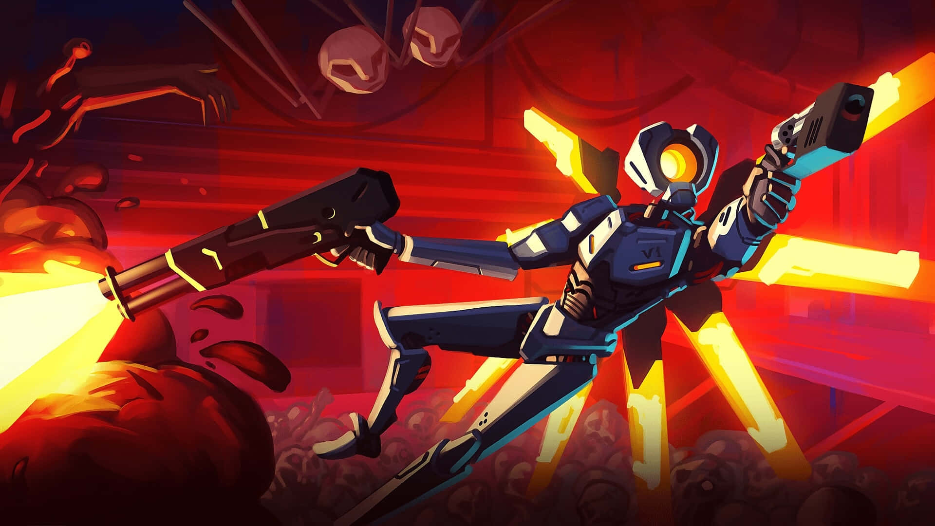 Ultrakill, robot warrior, glowing yellow weapons, Full HD Desktop Wallpaper