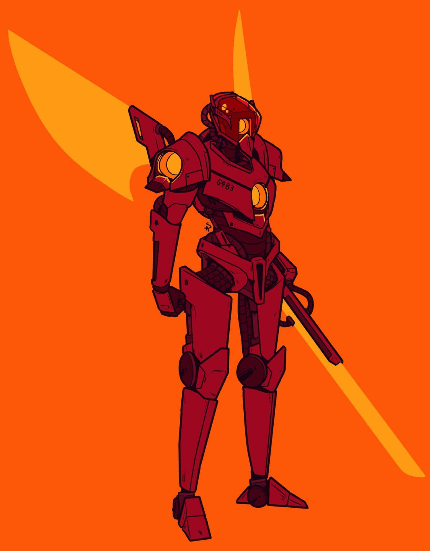 Ultrakill, red robot warrior, glowing yellow energy blades, Full HD Phone Wallpaper