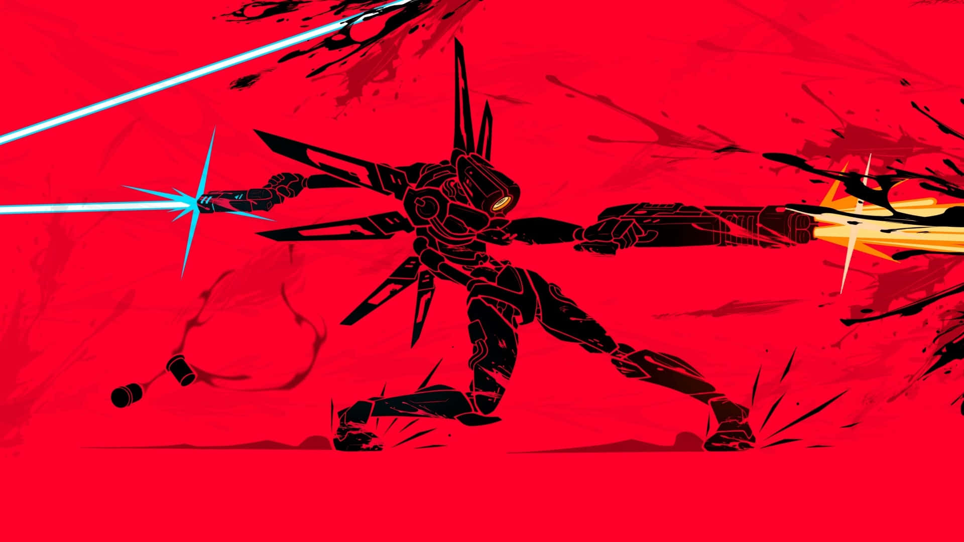 Ultrakill, futuristic mech warrior, glowing blue and orange energy weapons, Full HD Desktop Wallpaper