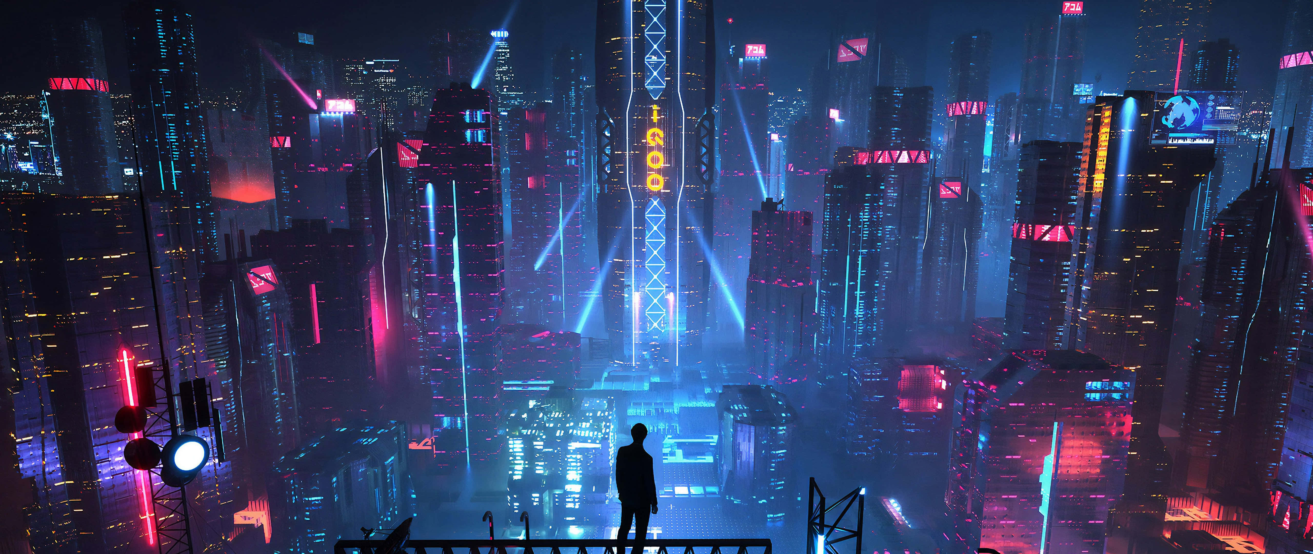 neon-drenched cyberpunk cityscape, night, rooftop, 5K Desktop Wallpaper