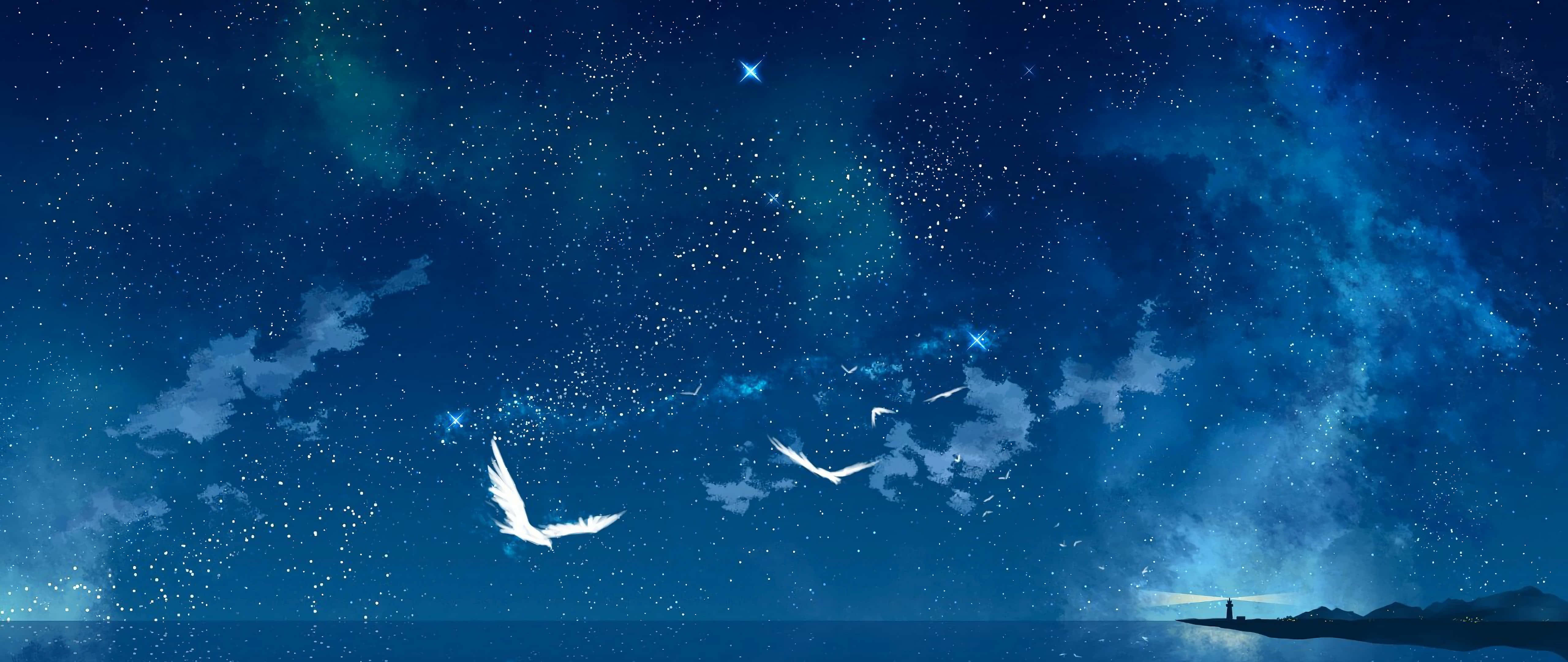 deep blue night sky, calm ocean, distant lighthouse, 5K Desktop Wallpaper