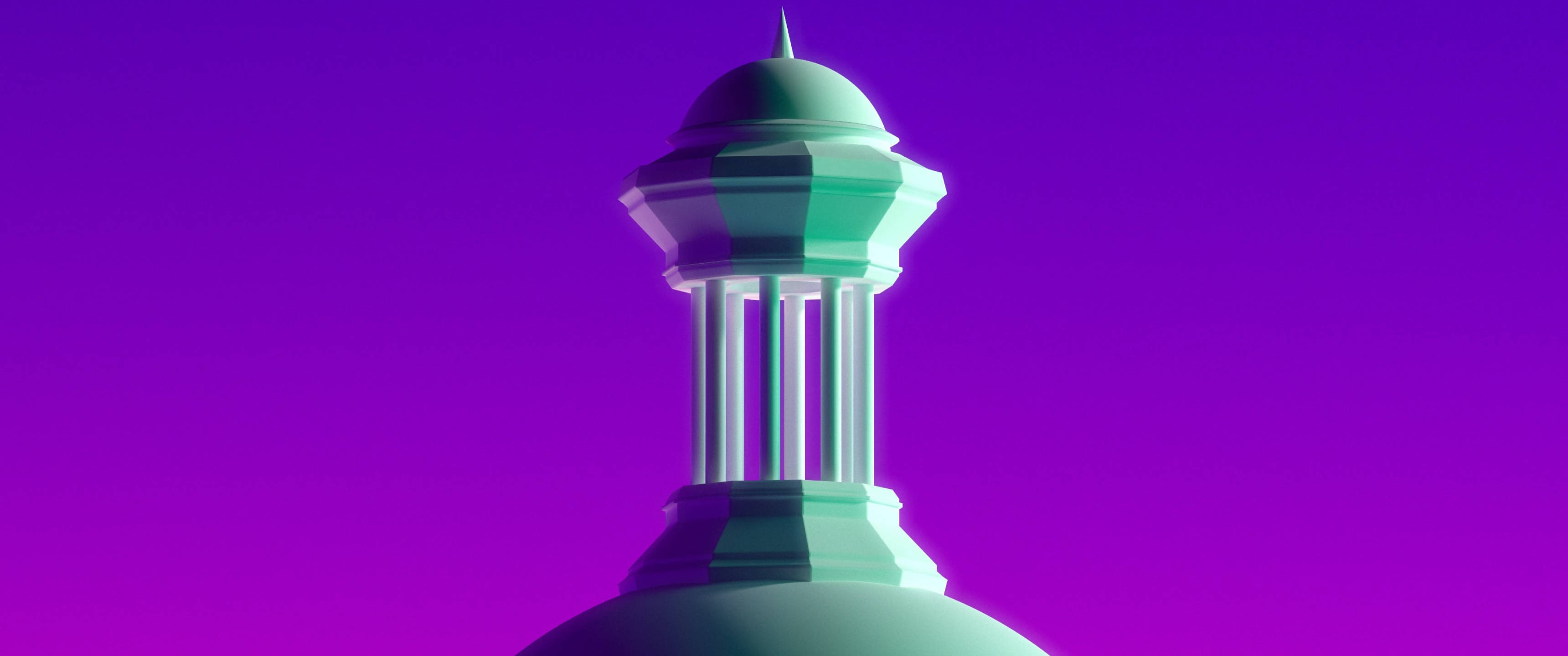 4D Ultra HD Classical Structure, teal geometric dome structure, vibrant purple gradient sky, 2K Desktop Wallpaper