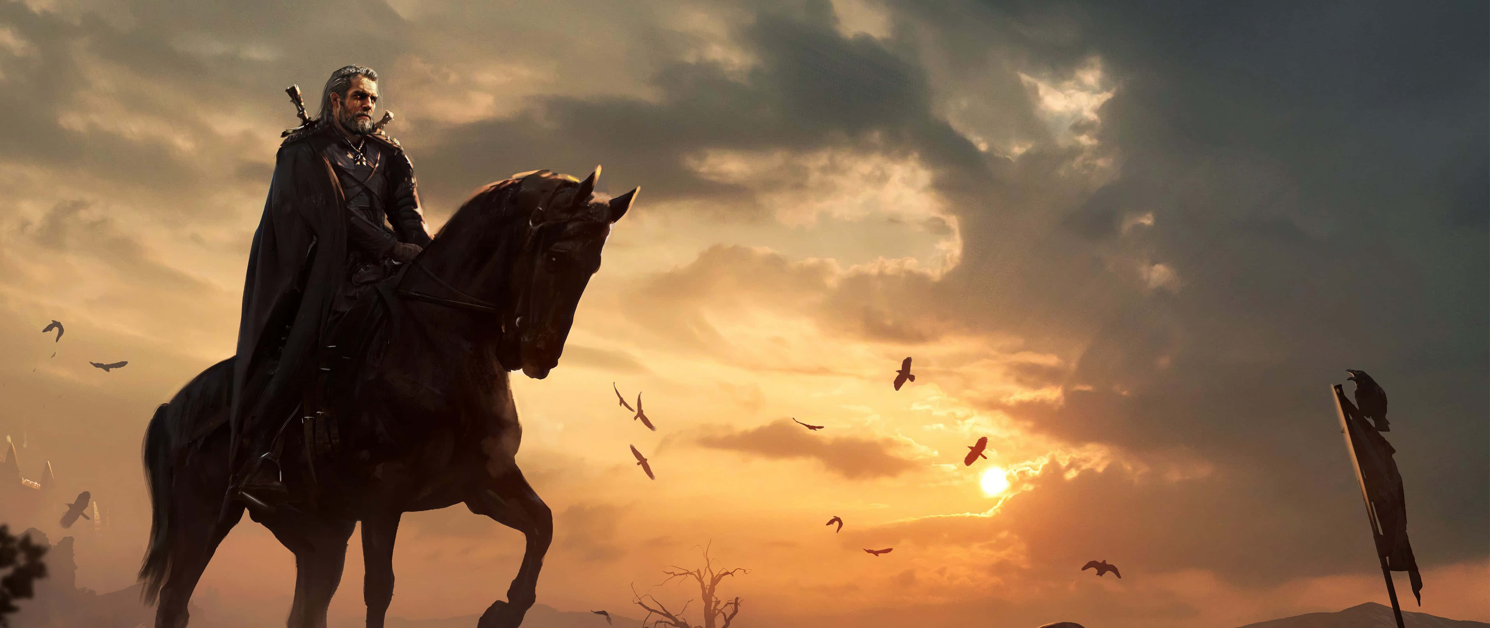 knight, horseback, dramatic sunset sky, 5K Desktop Wallpaper
