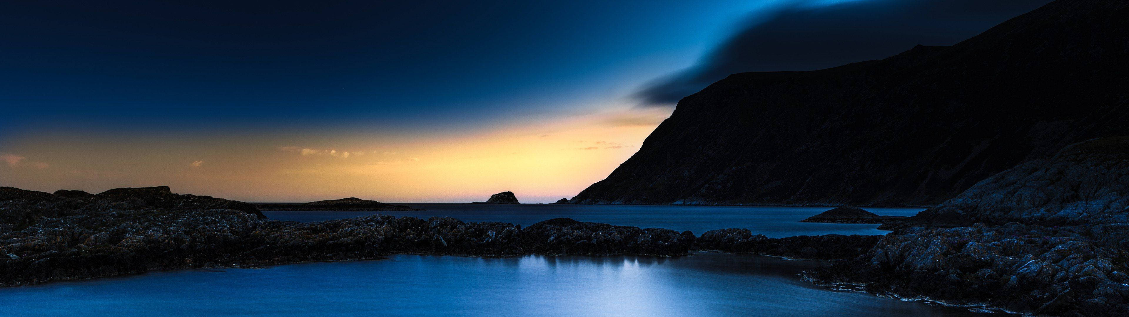 ultrawide, twilight seascape, calm blue waters, 4K Desktop Wallpaper