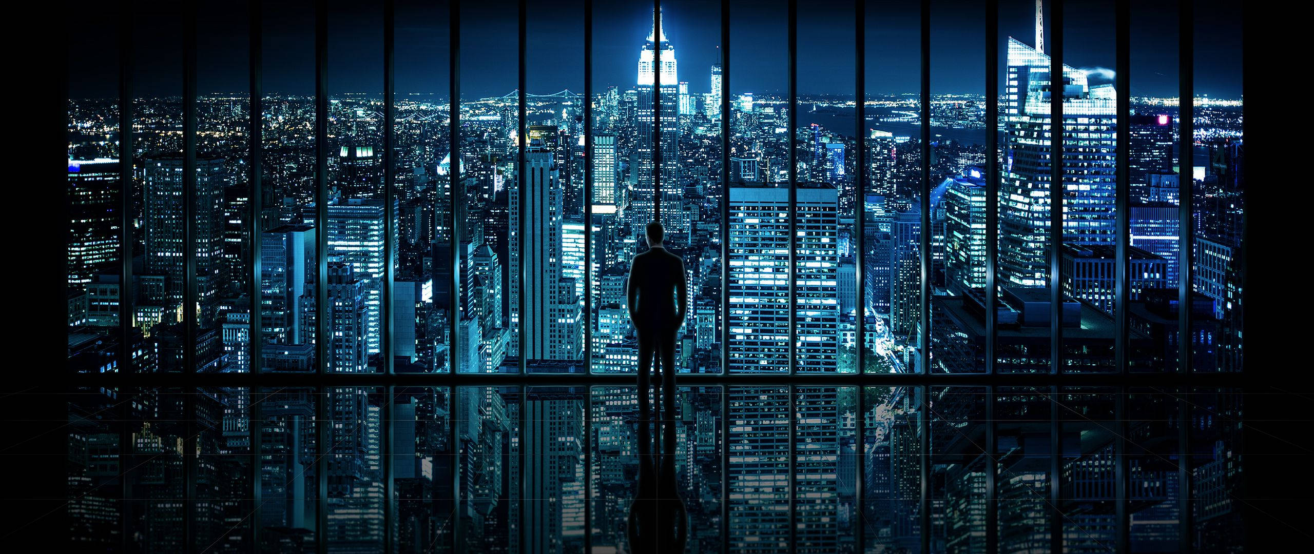 Ultrawide, neon-lit cityscape, night, 2K Desktop Wallpaper