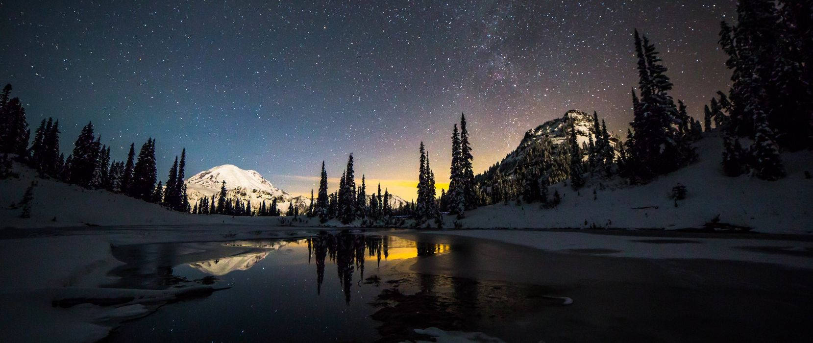 Ultrawide, lake, starry winter night, HD Desktop Wallpaper