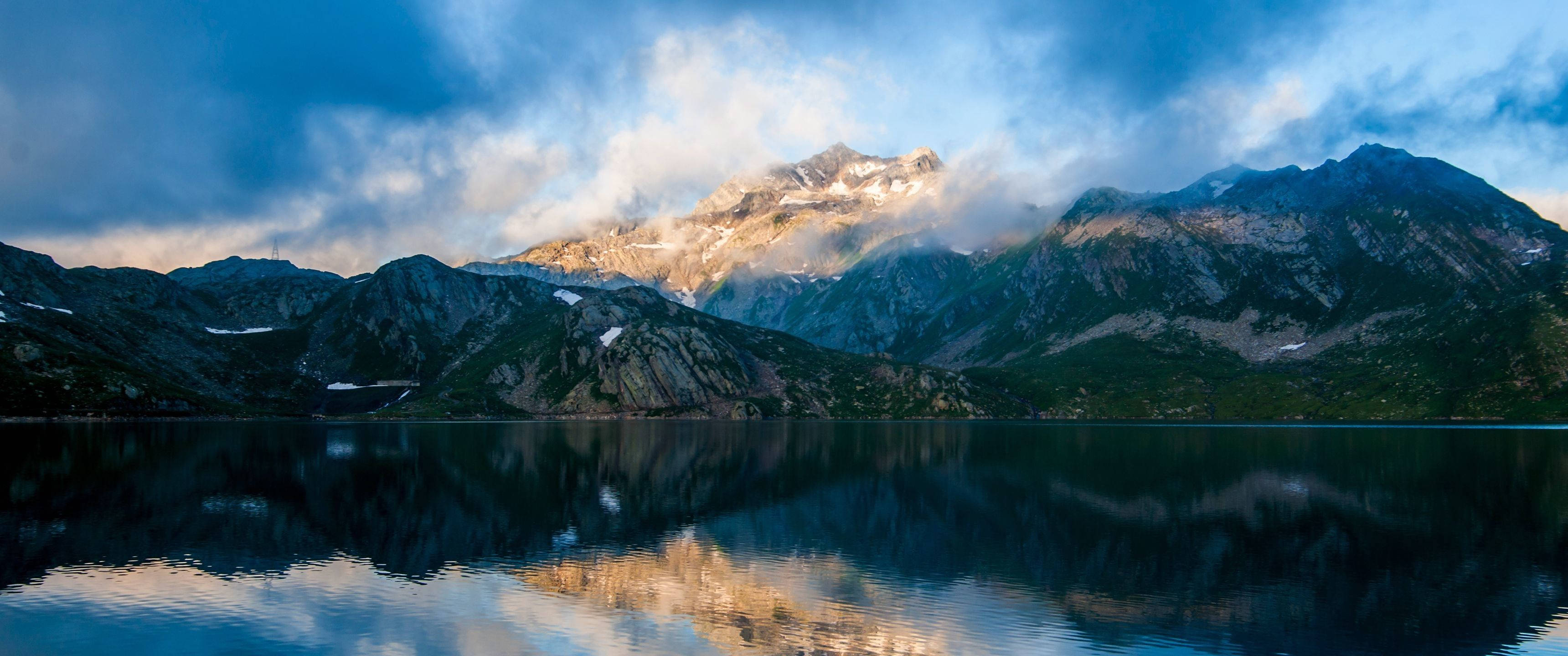 ultrawide, mountain lake, snow-capped peaks, 2K Desktop Wallpaper