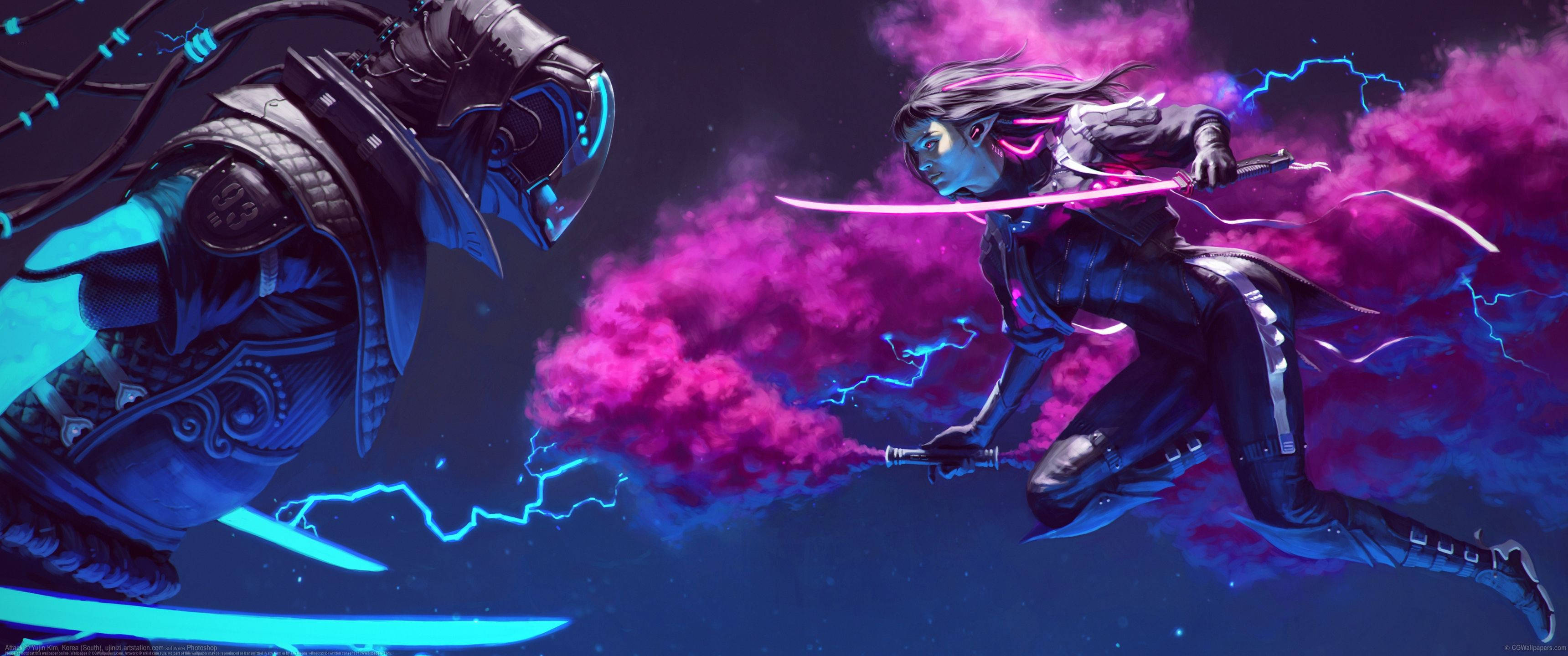 Ultrawide, vibrant purple, neon-lit cosmic arena, 2K Desktop Wallpaper