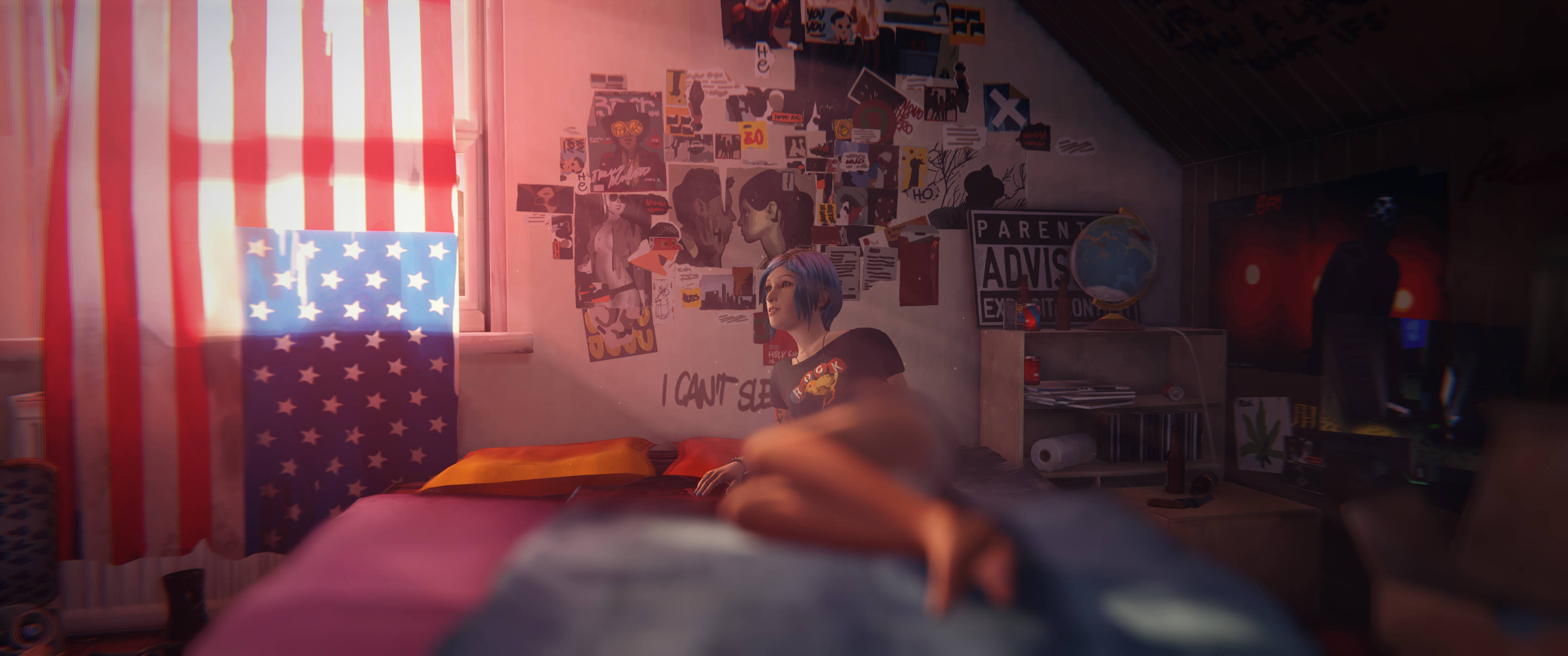 blue hair, cluttered attic bedroom, warm pink light, 2K Desktop Wallpaper